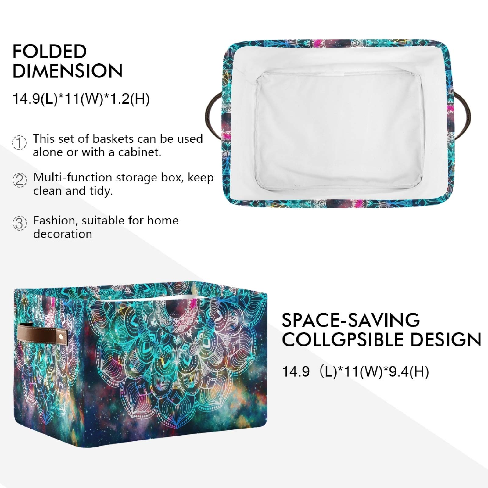 Collapsible Storage Basket with PU Handles - Waterproof Mandala Design Organizer for Nursery, Laundry & Home Decor (1 Pack) | Perfect for Baby Rooms, Closet Organization & Bathroom Storage