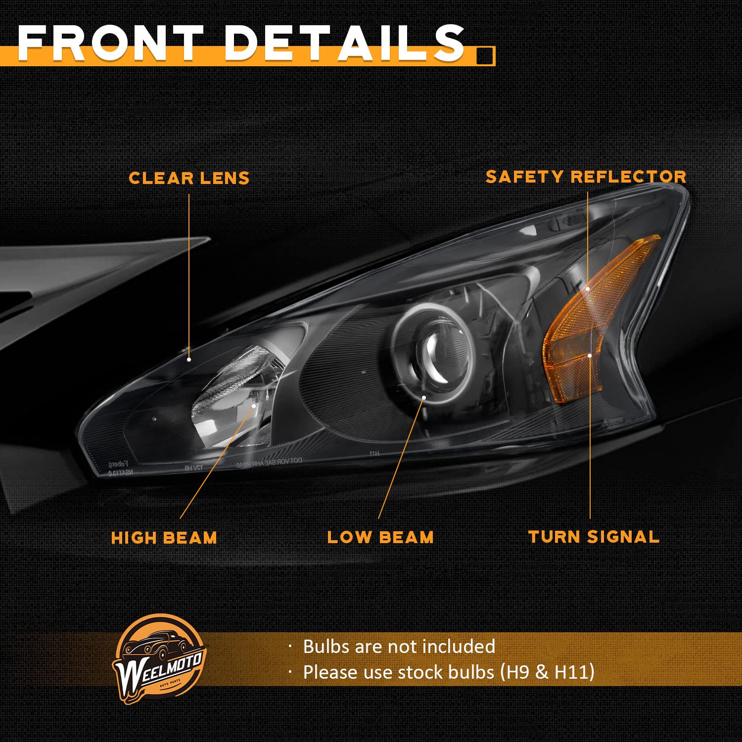 2013-2015 Nissan Altima Headlight Assembly Pair - Direct Replacement for 2013 2014 2015 Altima 4Dr Sedan with Black Housing & Amber Reflector (Does Not Fit Xenon/HID) - Perfect for Night Driving & Foggy Conditions