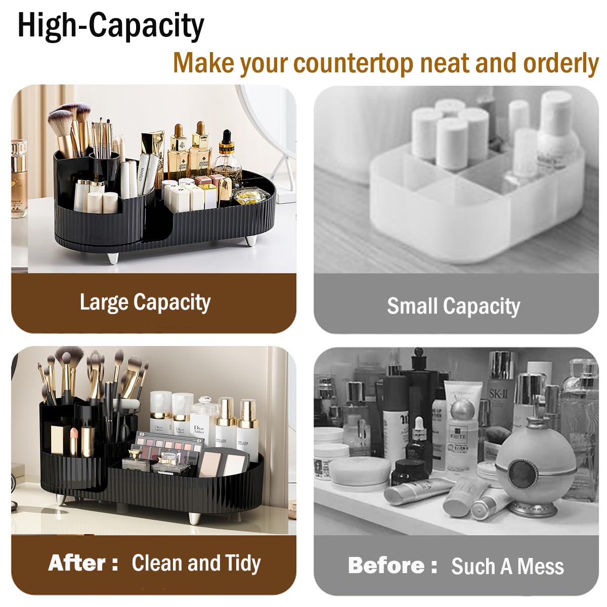 Rotating Makeup Organizer with Brush Holder - Large Capacity Cosmetic Display Case for Vanity Countertop | Perfect for Makeup Storage, Beauty Salon & Home Organization (Black)