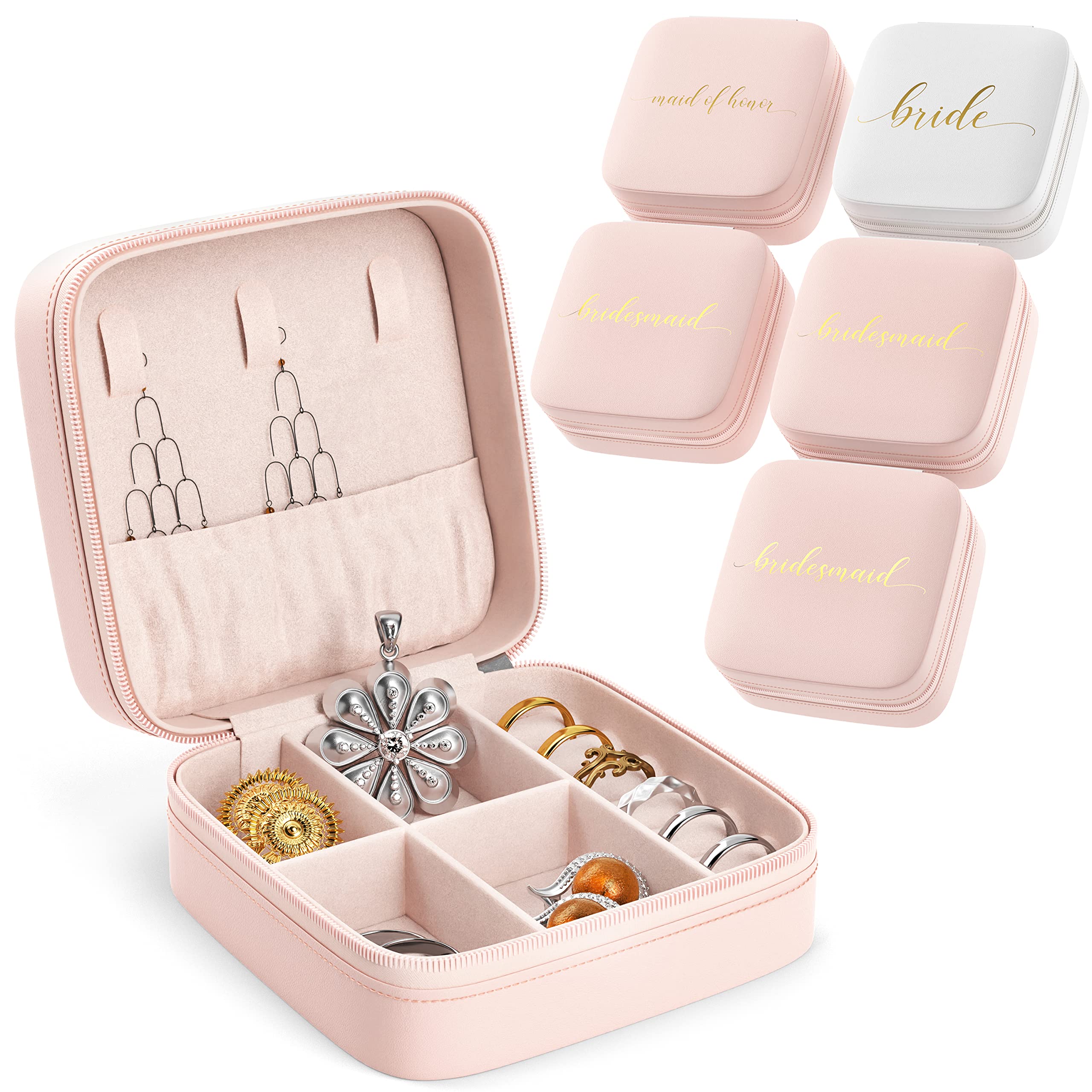 Set of 6 Elegant Bridesmaid Jewelry Boxes - Wedding Party Travel Jewelry Organizer with Earring, Necklace & Ring Holder - Perfect for Bachelorette Party Favors, Bridesmaid Proposal Gifts & Bride Tribe Accessories - Ideal for Travel, Wedding Prep & Special Occasion Gift Giving