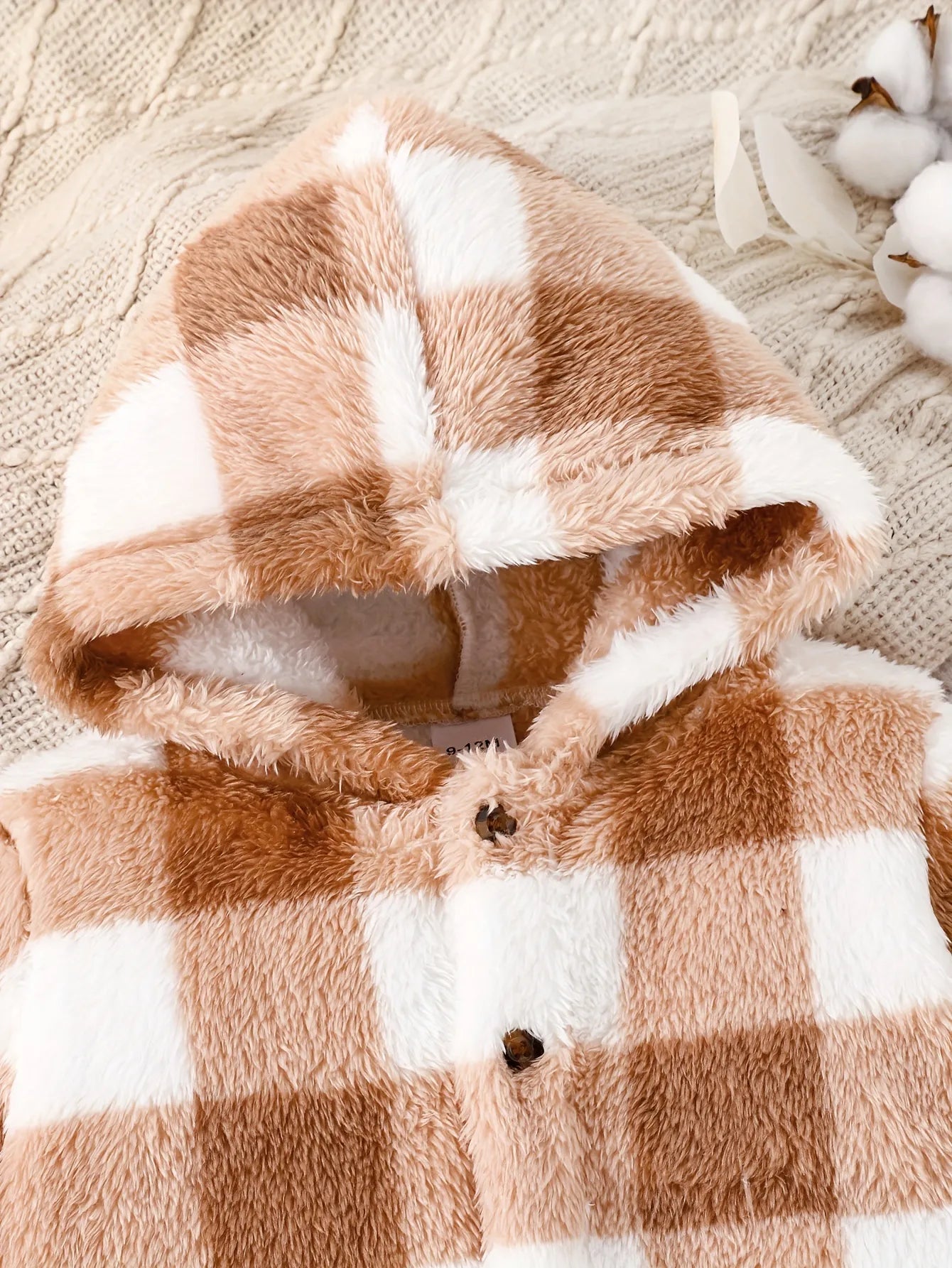 Soft Arctic Velvet Baby Girls' Onesie - Warm Brown Plaid Hooded Romper with Feet for Newborns | Cozy Winter & Fall Outfit for Infants