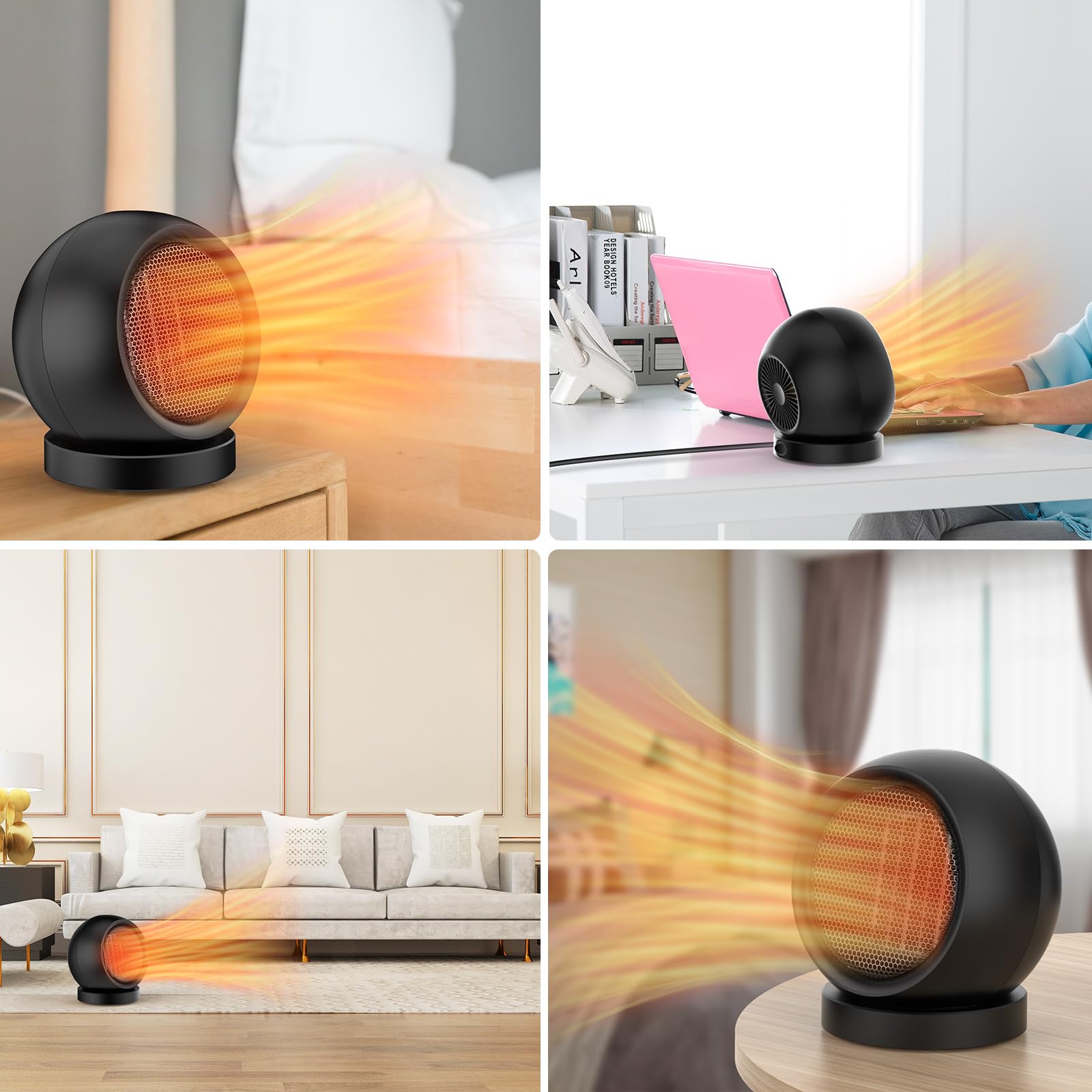 600W Energy Efficient Desk Heater - Safe & Quiet Portable Space Heater for Home Office, Bedroom & Indoor Use | Fast Heating Personal Heater for Winter (Black)