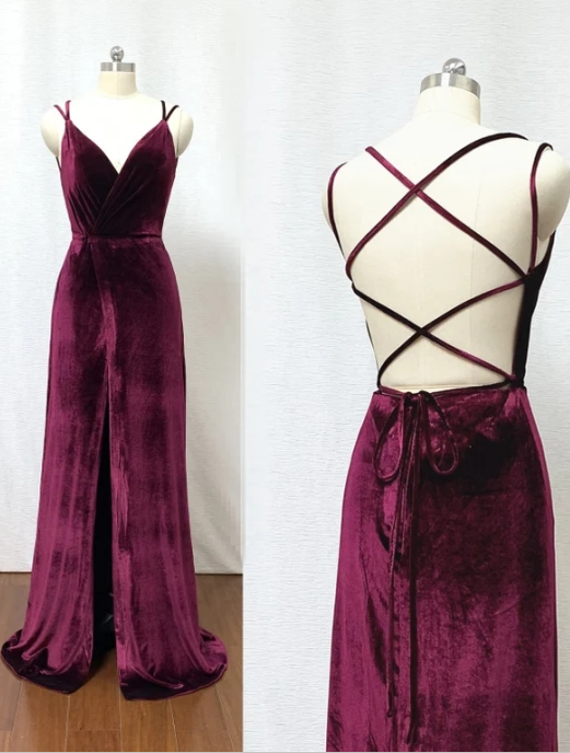 Elegant Burgundy Velvet Prom Dress with Thigh High Slit - Formal Evening Gown for Wedding Guest, Homecoming, and Special Occasions