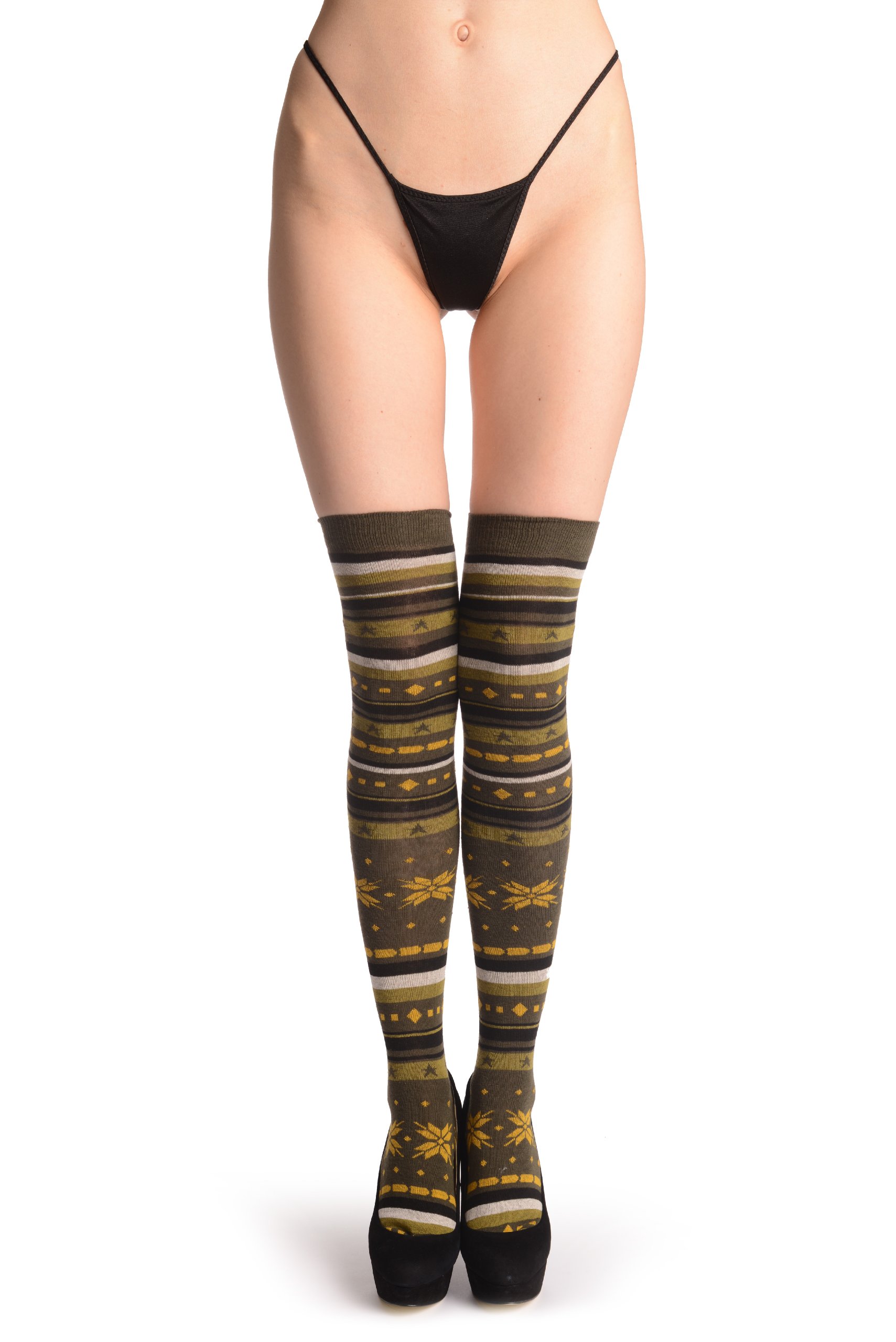 LissKiss Green White Yellow Fairisle Over The Knee Socks - Warm Winter Knit Socks for Women, Christmas Holiday Party, Cosplay & Cold Weather Fashion