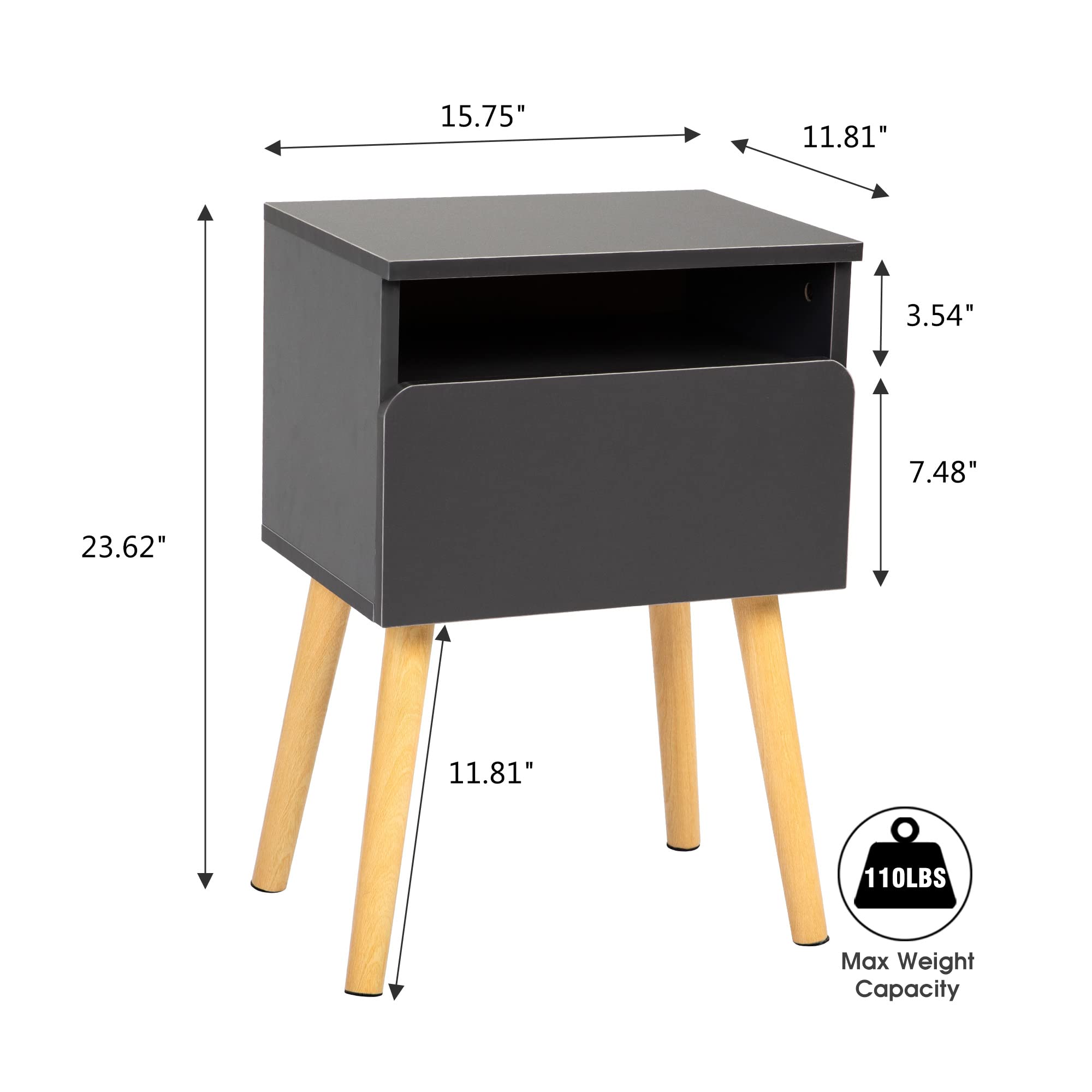 VERYKE Set of 2 Modern Wooden Nightstands - Bedside End Tables with Drawer & Open Shelf, Solid Wood Legs Accent Tables for Bedroom, Living Room & Office (Grey) - Perfect for Storing Books, Lamps & Bedroom Essentials