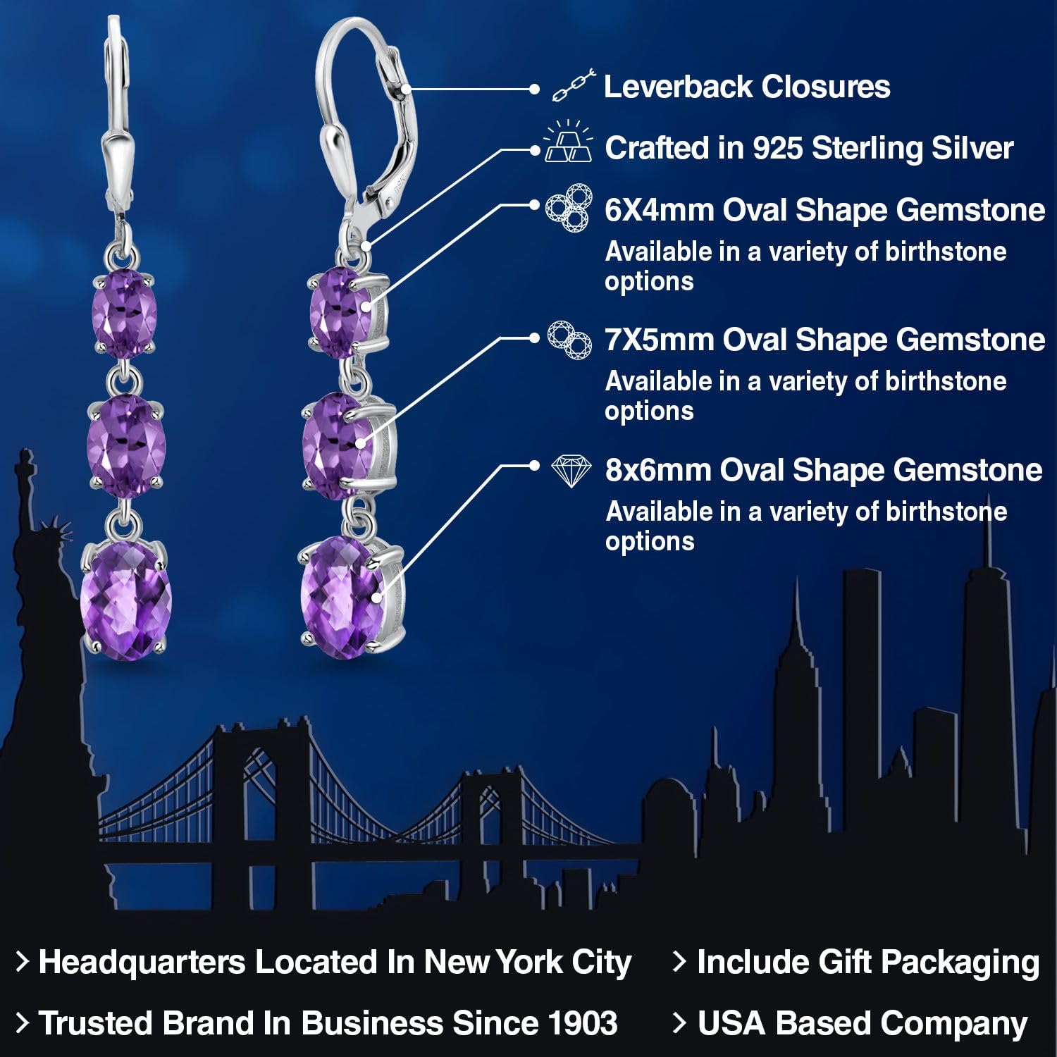 Gem Stone King 3-Stone Leverback Drop Dangle Earrings for Women - 925 Sterling Silver Birthstone Jewelry | Oval 8x6mm, 7x5mm & 6x4mm Gemstones | Elegant Gift for Mom, Wife, Her | Perfect for Weddings, Anniversaries & Special Occasions