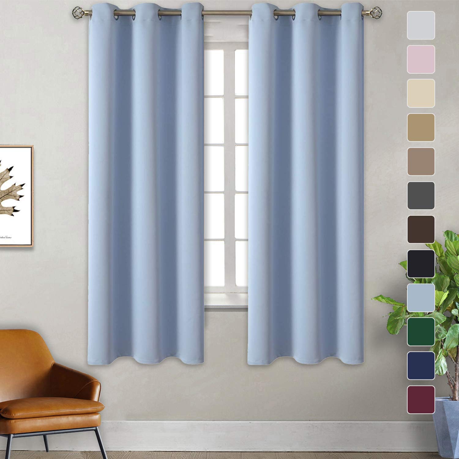BDDY Blackout Thermal Insulated Curtains with Top Rings - Super Soft Room Darkening Window Treatments for Living Rooms & Doors - Light Blue 47