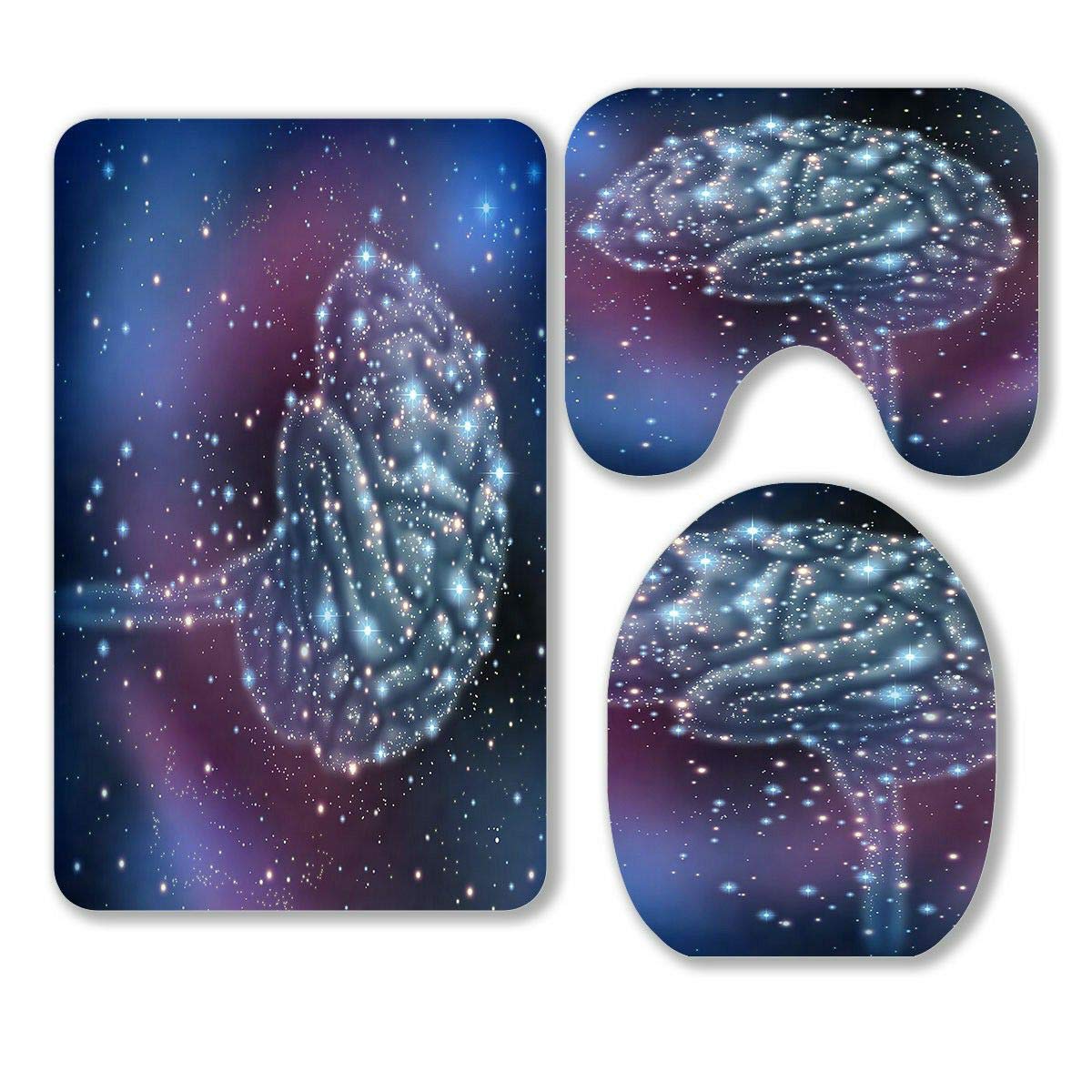 ECZJNT Space-Themed 3-Piece Bathroom Rug Set - Human Brain Design with Stars & Planets, Contour Mat & Toilet Lid Cover - Soft & Absorbent for Modern Bathrooms