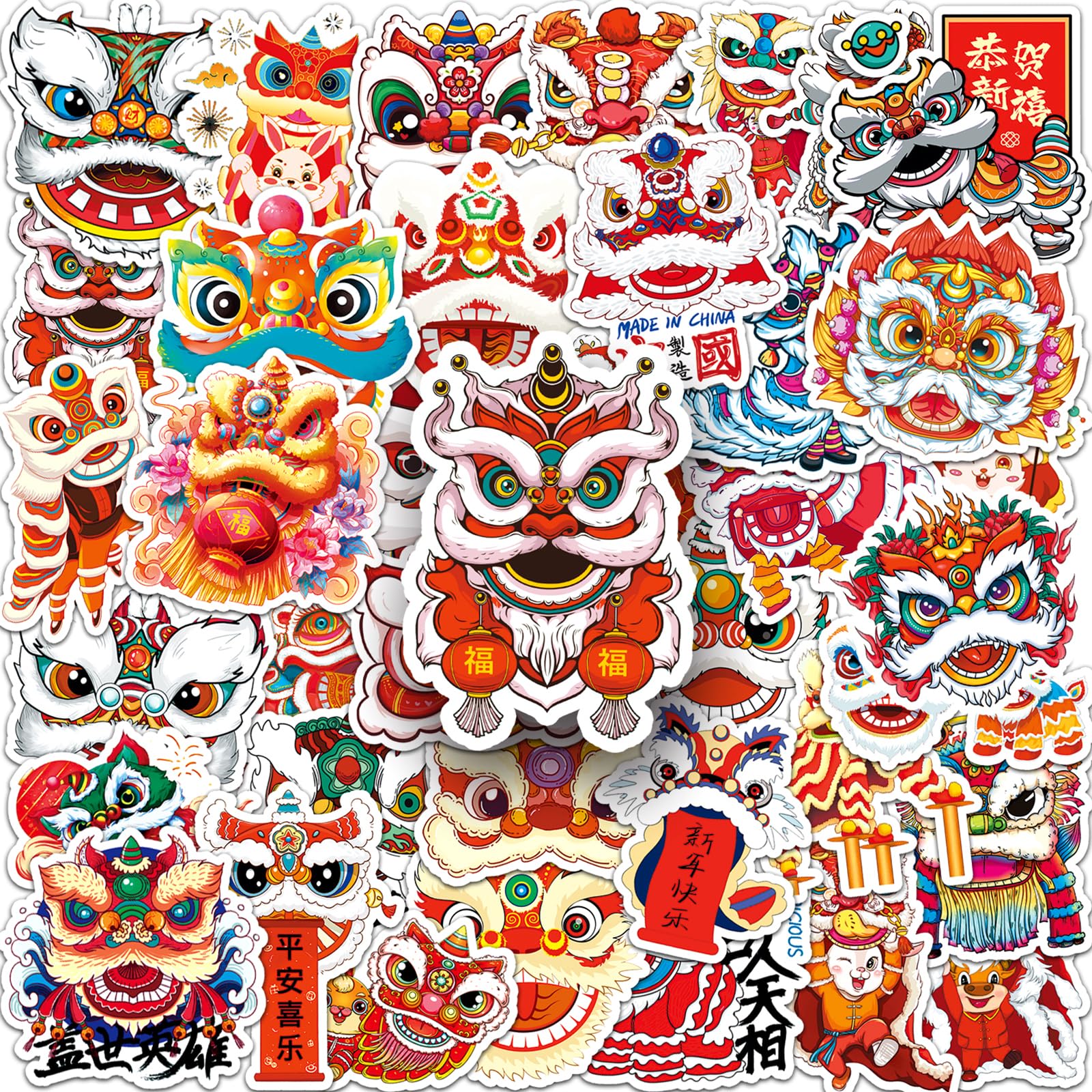 50pcs Chinese New Year Decoration Stickers - Waterproof Cartoon Lion Stickers for Water Bottles, Laptops, Phones | Cute Anime Stickers for Kids & Teens | Perfect for Holiday Decor, School Supplies & DIY Crafts
