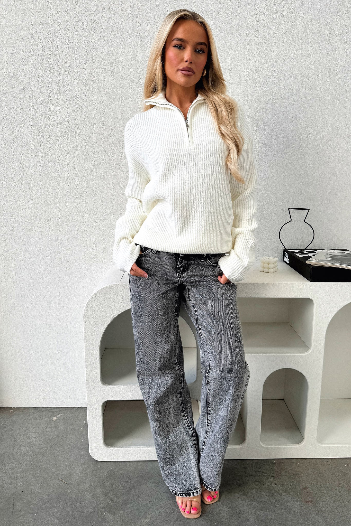 Maree Women's 3/4 Zip Knit Sweater Pullover - Soft Cream Casual Long Sleeve Top for Fall & Winter | Perfect for Office, Travel and Weekend Outfits