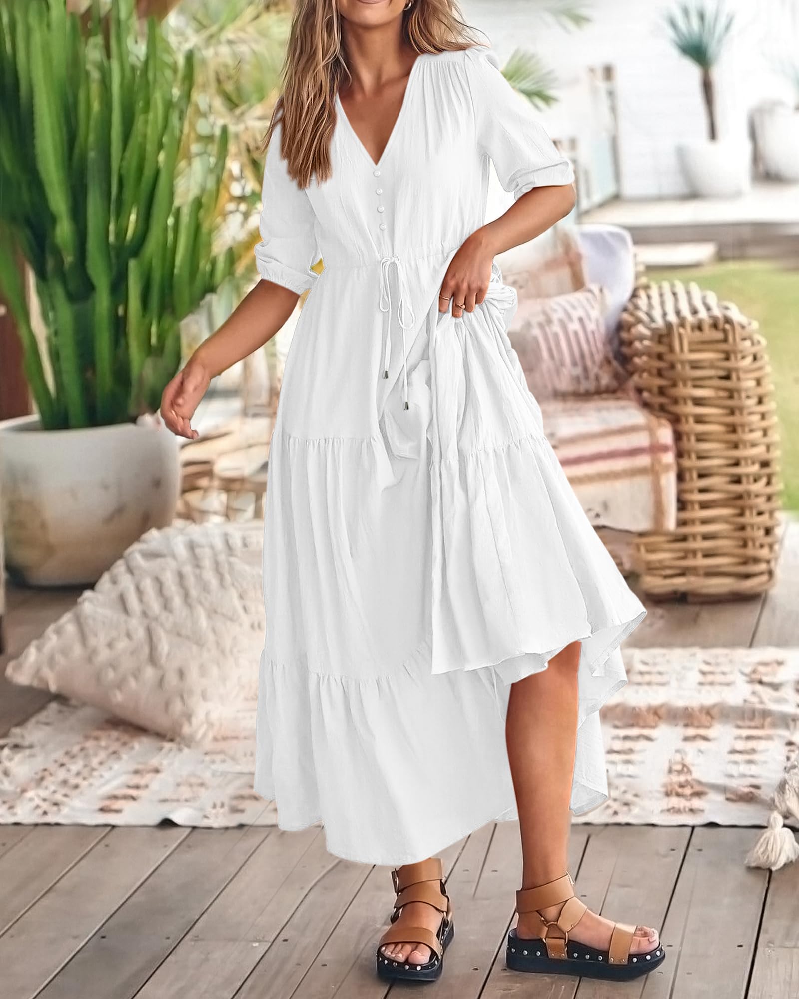 BTFBM Women's Summer Maxi Dress - Short Sleeve V-Neck Button Down Boho Long Dress with Drawstring Waist, Solid Color Casual Beach Dress for Vacation, Party & Everyday Wear