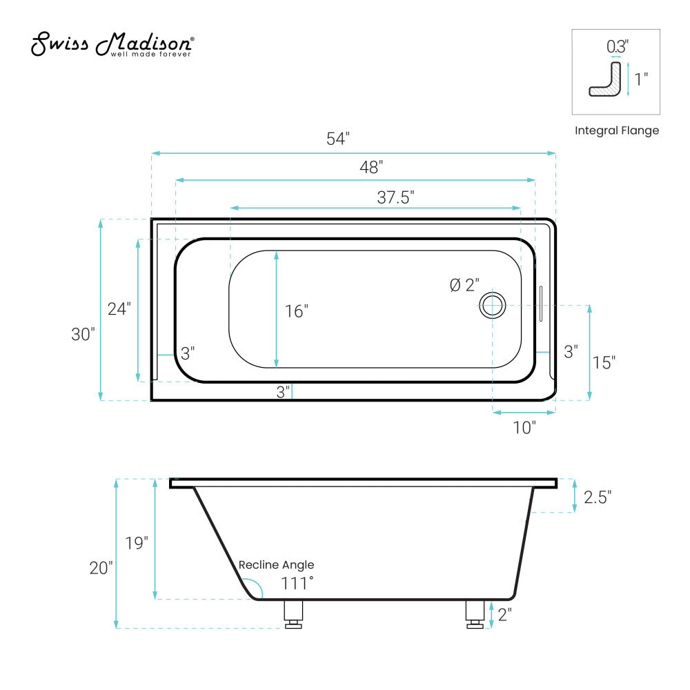 Voltaire 54 x 30 Inch Right Drain Soaking Alcove Bathtub - Glossy White Freestanding Tub with Integrated Overflow & Drain - Perfect for Small Bathrooms & Spa-Like Retreats