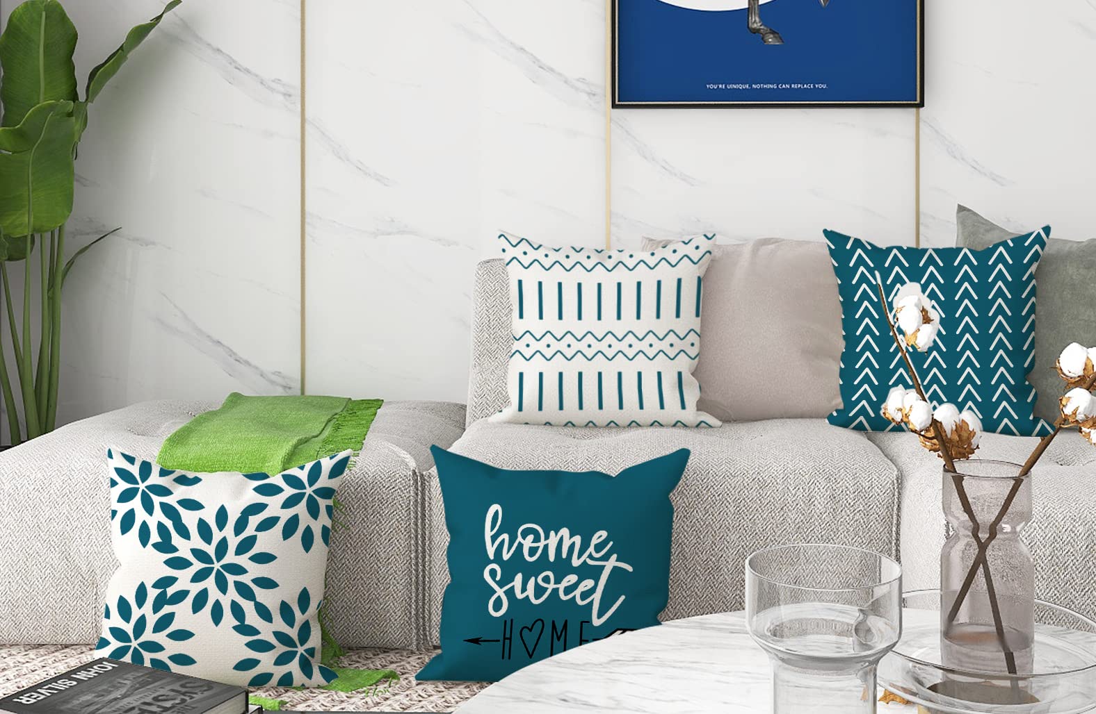 YCOLL 20x20 Inch Pillow Covers Set of 4 - Modern Linen Fabric Decorative Throw Pillow Cases for Sofa, Couch, Bed & Car - Teal Blue Home Decor - Perfect for Living Room, Bedroom & Outdoor Patio Furniture