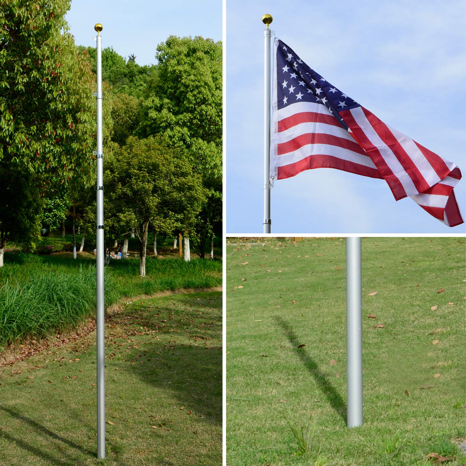 **30Ft Heavy Duty Aluminum Telescoping Flag Pole Kit - 14 Gauge, 2 Flags Capacity with 3x5 American Flag & Golden Ball Top - Ideal for Commercial, Residential, Schools & Patriotic Events**