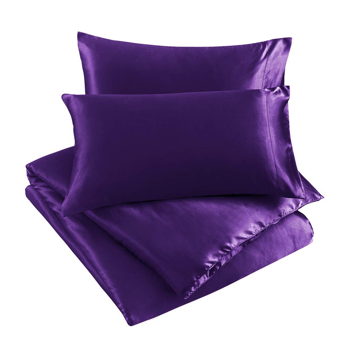 100% Pure Silk Satin Duvet Cover Set with 2 Pillowcases - Wrinkle & Fade Resistant, Breathable Luxury Bedding for Full/Queen Size Bed - Soft Cooling Silk Duvet Set in Purple | Perfect for Hot Sleepers & Sensitive Skin | Bedroom Decor Upgrade