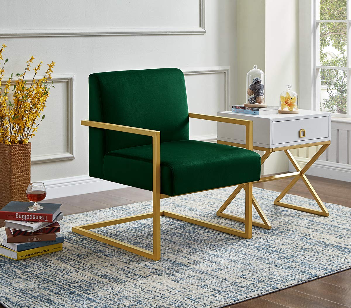 24K Gold Accent Chair - Velvet Cushion & Square Arm Metal Frame - Modern Luxury Living Room Furniture for Home Decor, Office, Lounge, and Reading Nook