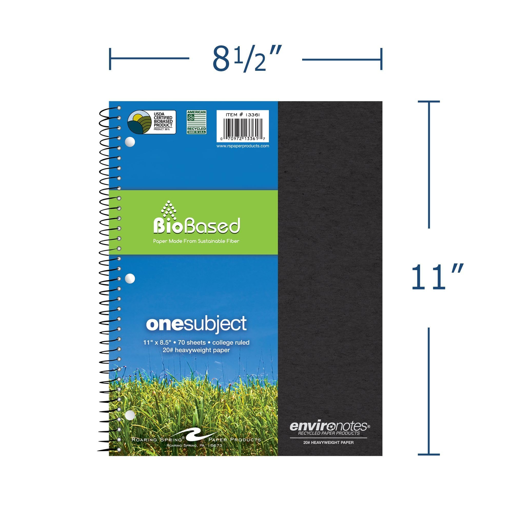 Roaring Spring Environotes Recycled One Subject Spiral Notebook - 24 Pack, Heavyweight College Ruled BioBase Paper, 11