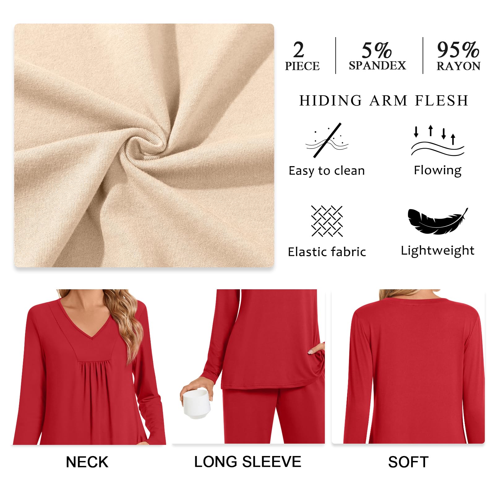 POPYOUNG Women's Fall Pajama Set - 2 Piece V-Neck Long Sleeve Sleepwear & Lounge Outfit for Cozy Nights, Relaxing at Home, and Gift Giving