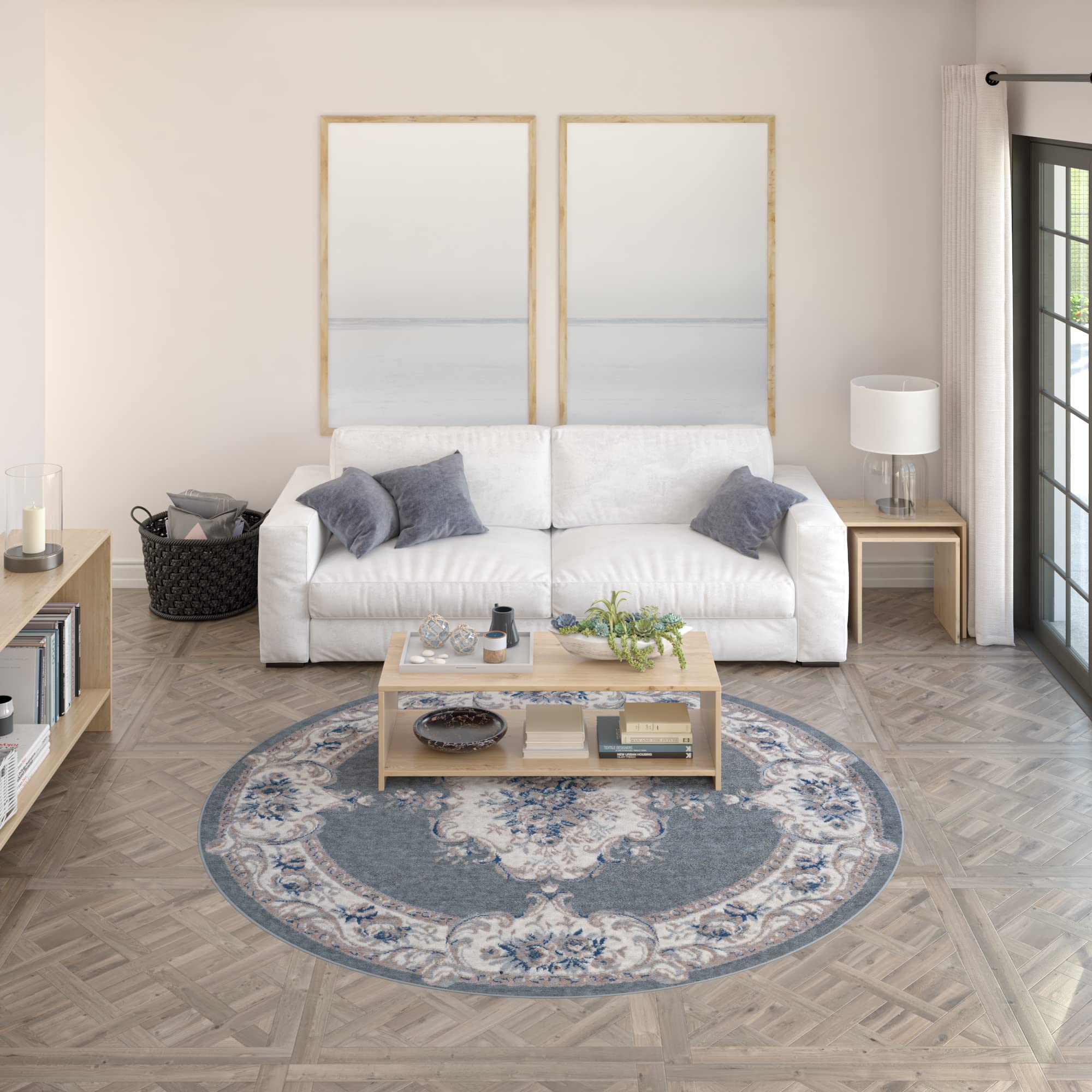 Tayse Jolie 8-Foot Round Area Rug - Traditional Oriental Gray Carpet for Living Room, Bedroom, Dining Room (7'10