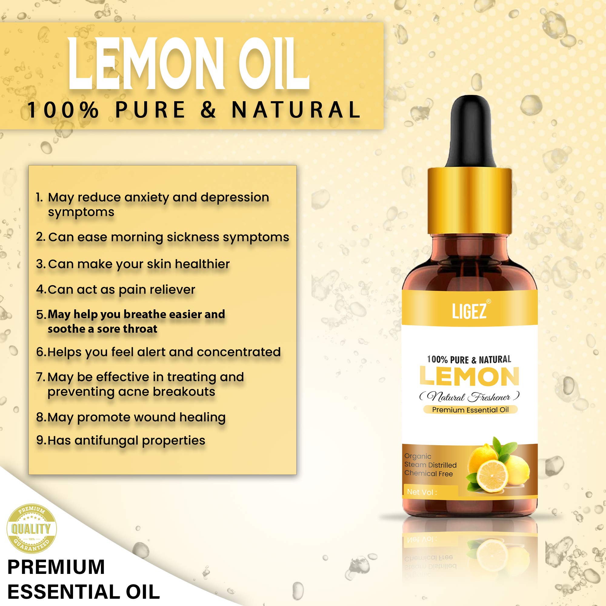 Ligez Pure Lemon Essential Oil - 100% Natural, 15ml (Pack of 2) for Aromatherapy, Diffuser & DIY Skincare