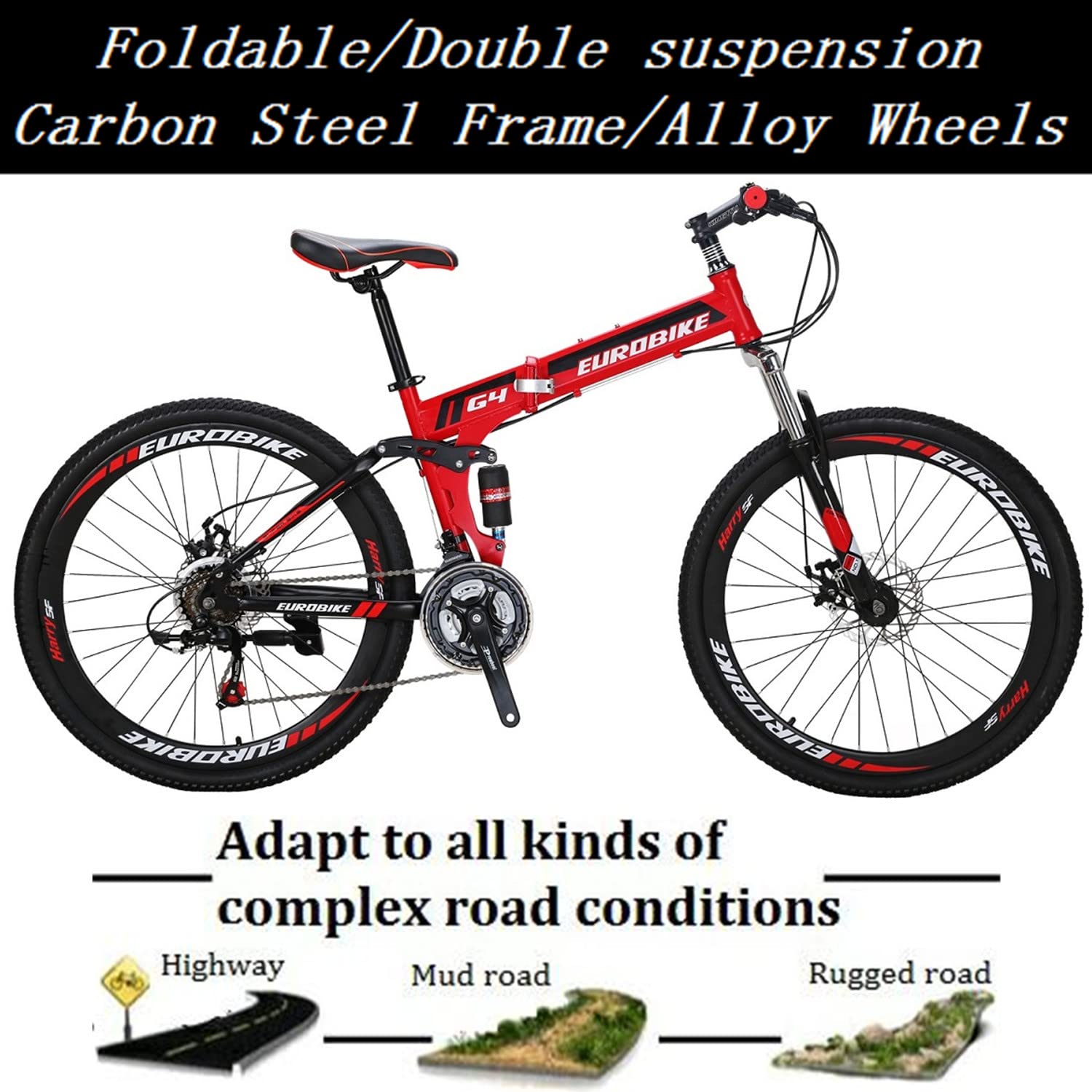 EUROBIKE 21 Speed Folding Bike for Adults - 26/27.5 Inch Dual Suspension Mountain Bike - Compact & Portable for Commuting, Travel & City Riding