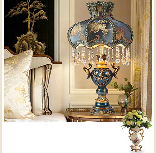 Modern Blue Fabric Lampshade Bedside Table Lamp with Elegant Floral Design - Antique Painted Resin Base Nightstand & Desk Lamp for Living Room, Girls Bedroom - Perfect for Reading, Bedside Lighting & Home Decor