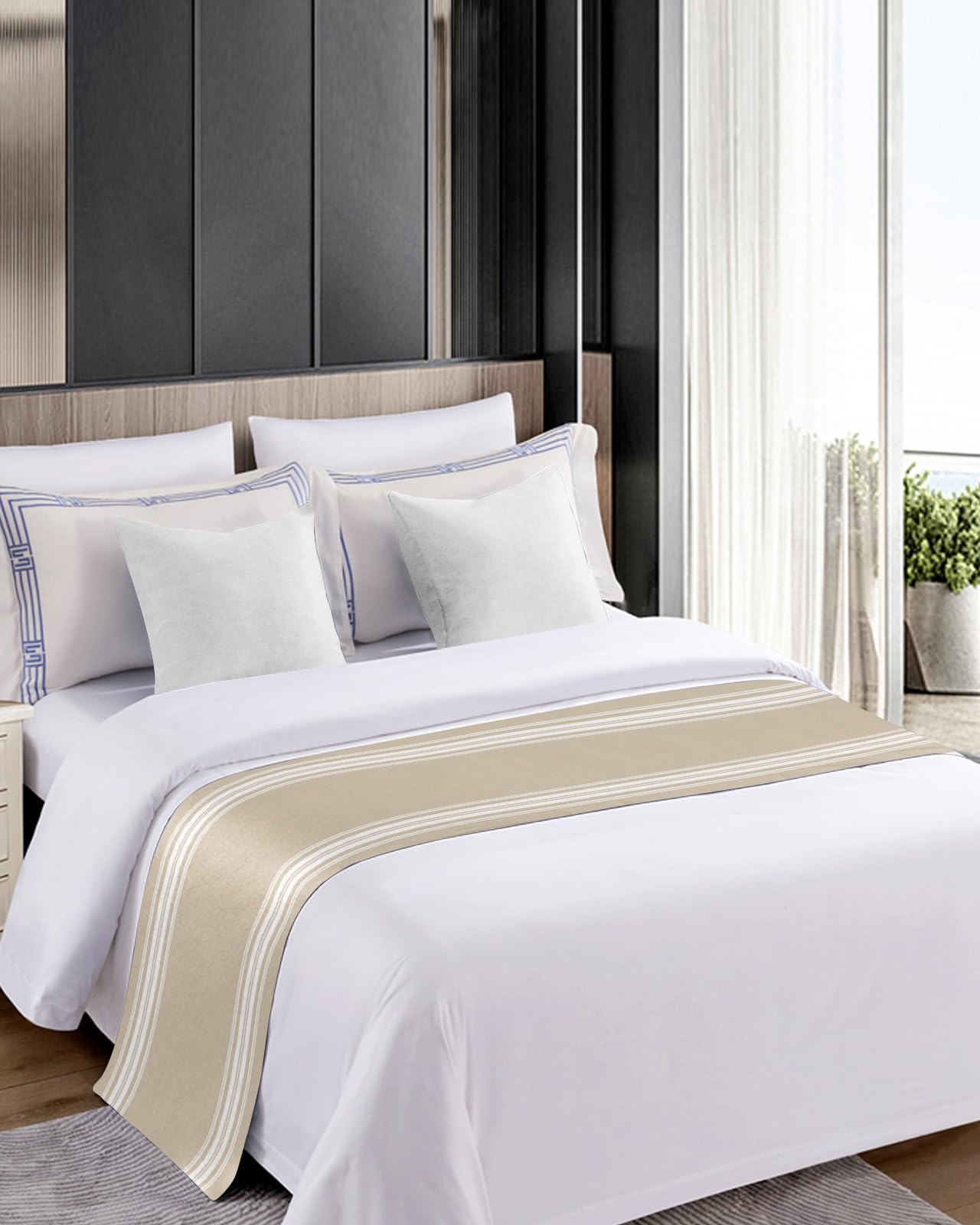 Luxury Beige Striped Bed Runner for King Size Bed – 94 x 20 Inch Farmhouse Style Bed Scarf Throw with White Stripes, Modern Abstract Art Design for Hotel & Home Decor – Perfect for Foot of Bed Protection and Elegant Bedroom Styling