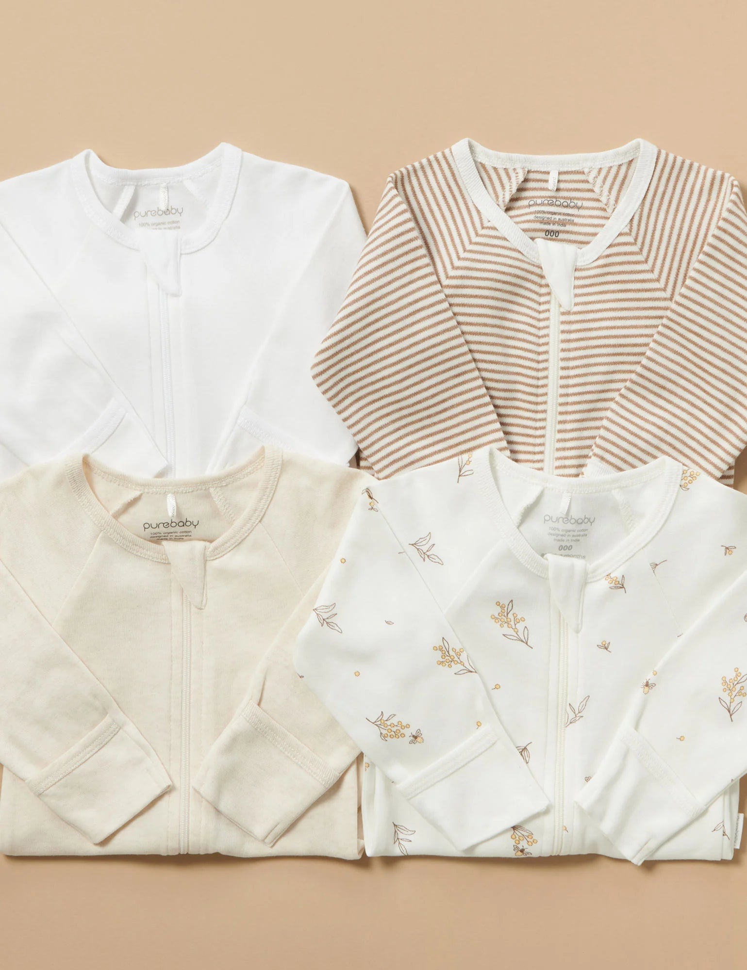 Purebaby Organic Zip Growsuit 4 Pack - Soft Cotton Baby Romper Set for Newborns & Infants (Vanilla Wattle Bee) | Perfect for Playtime, Daycare & Sleepwear