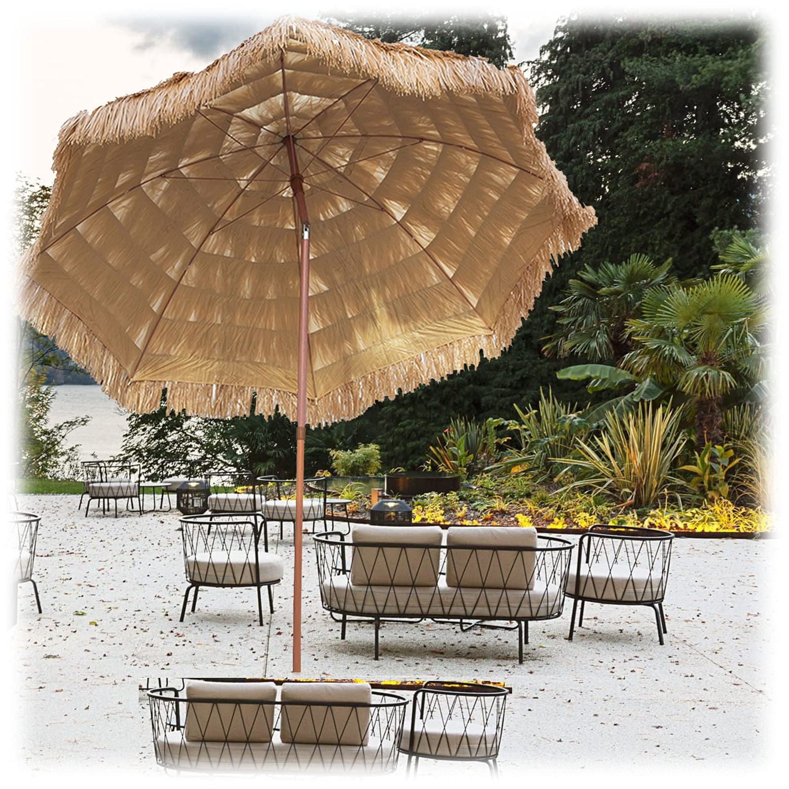 7.9 ft/2.4 m Outdoor Hawaiian Straw Parasol with Crank Handle - Natural Hula Thatch Umbrella for Garden, Beach, Terrace & Pool - Perfect for Patio Shade, Tropical Decor & Outdoor Relaxation