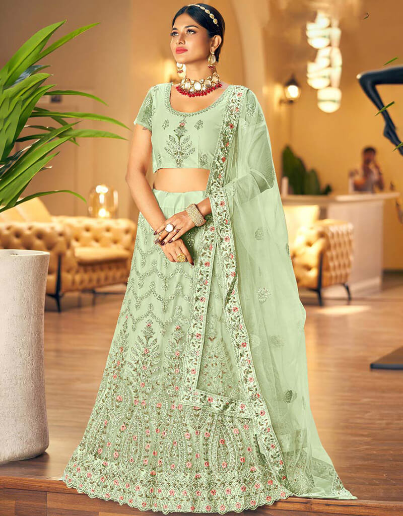 Beryl Green Semi-Stitched Heavy Designer Lehenga Choli for Women | Indian Bridal Wear | Wedding, Festival & Party Outfit