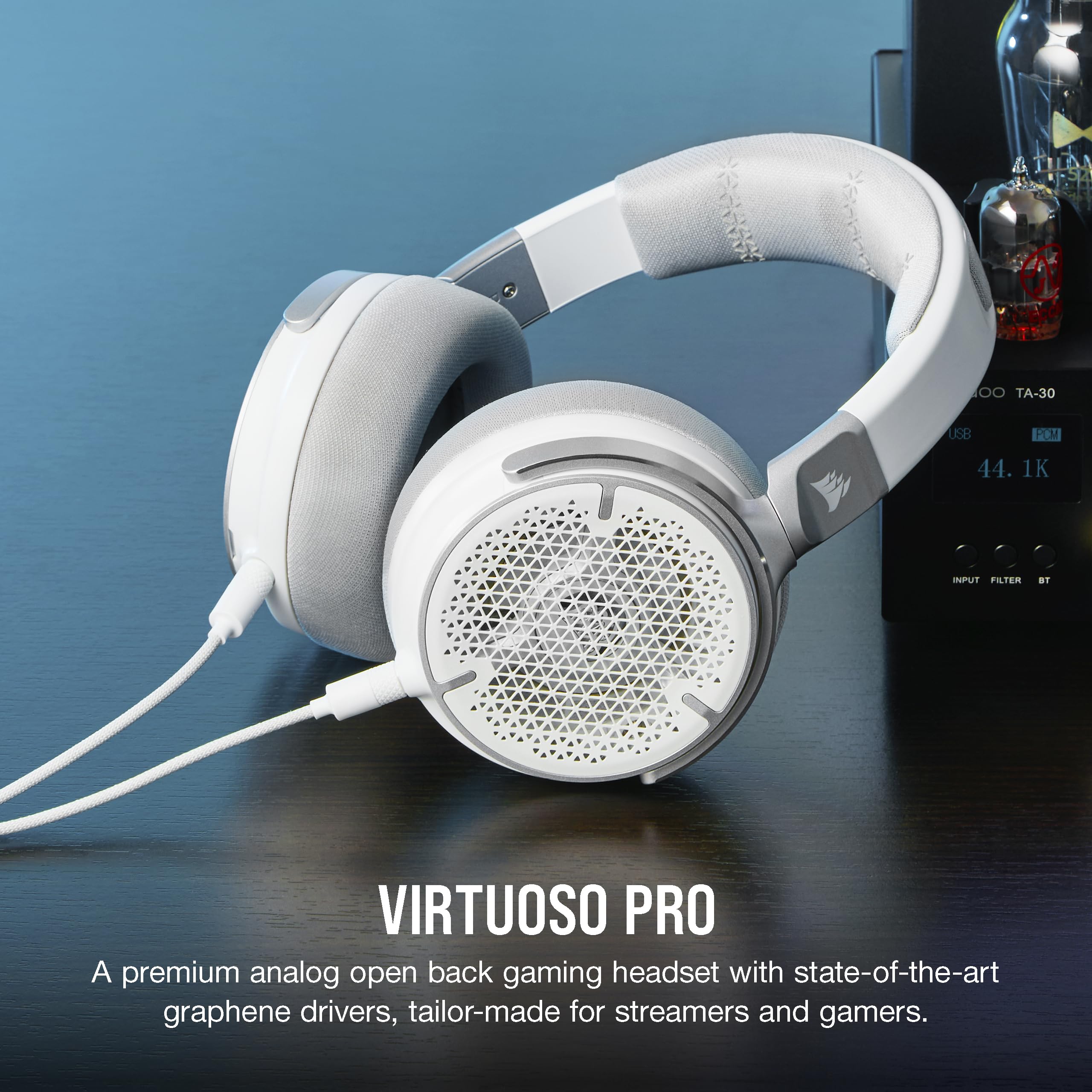 CORSAIR VIRTUOSO PRO Open Back Wired Gaming Headset with Detachable Mic - High-Fidelity Graphene Drivers (20Hz-40kHz) - Multiplatform Compatible (PC, Mac, PS5, Xbox, Switch, Mobile) - White - Perfect for Competitive Gaming, Streaming & Music Production