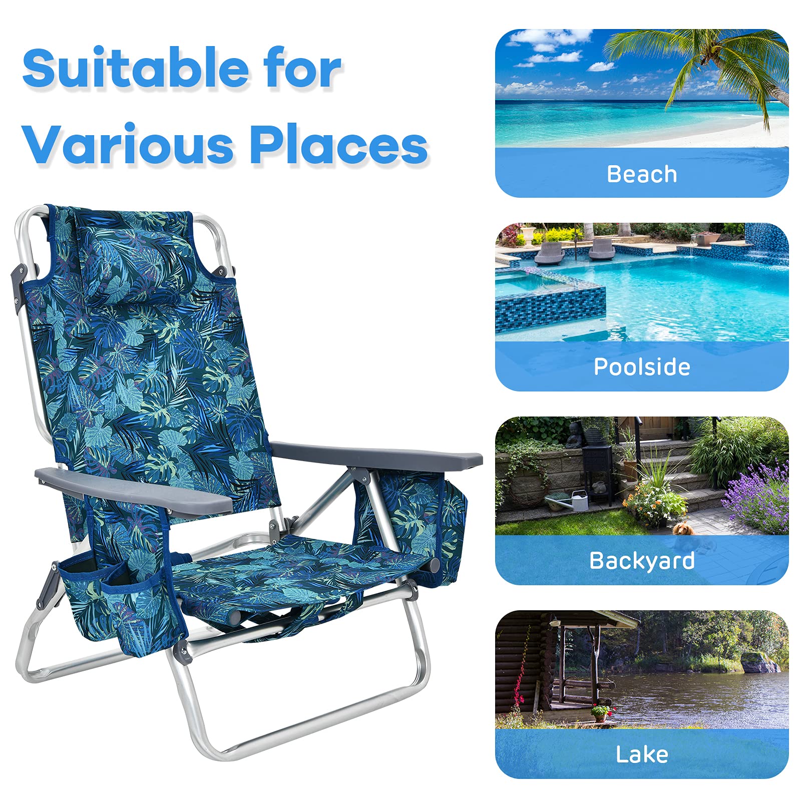 Goplus Folding Backpack Beach Chair for Adults - 5-Position Recliner with Head Pillow, Cooler Bag, Towel Bar & Cup Holders - Portable Sunbathing Lounge Chair for Beach, Poolside, Camping & Outdoor Relaxation
