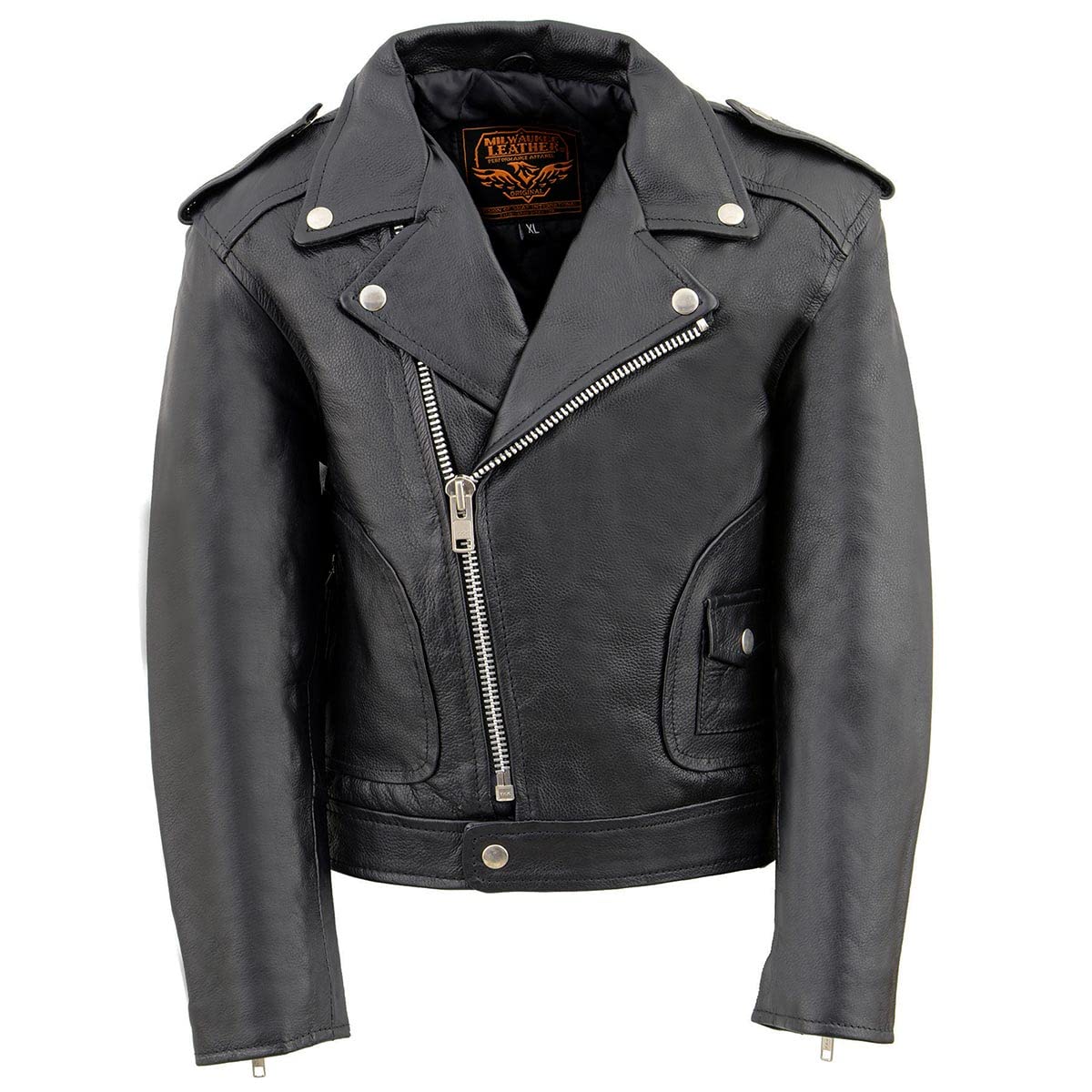 Milwaukee LKK1920 Boys Black Classic Leather Biker Jacket with Patch Pockets | Motorcycle Riding Jacket for Kids | Perfect for Riding, School, and Outdoor Adventures