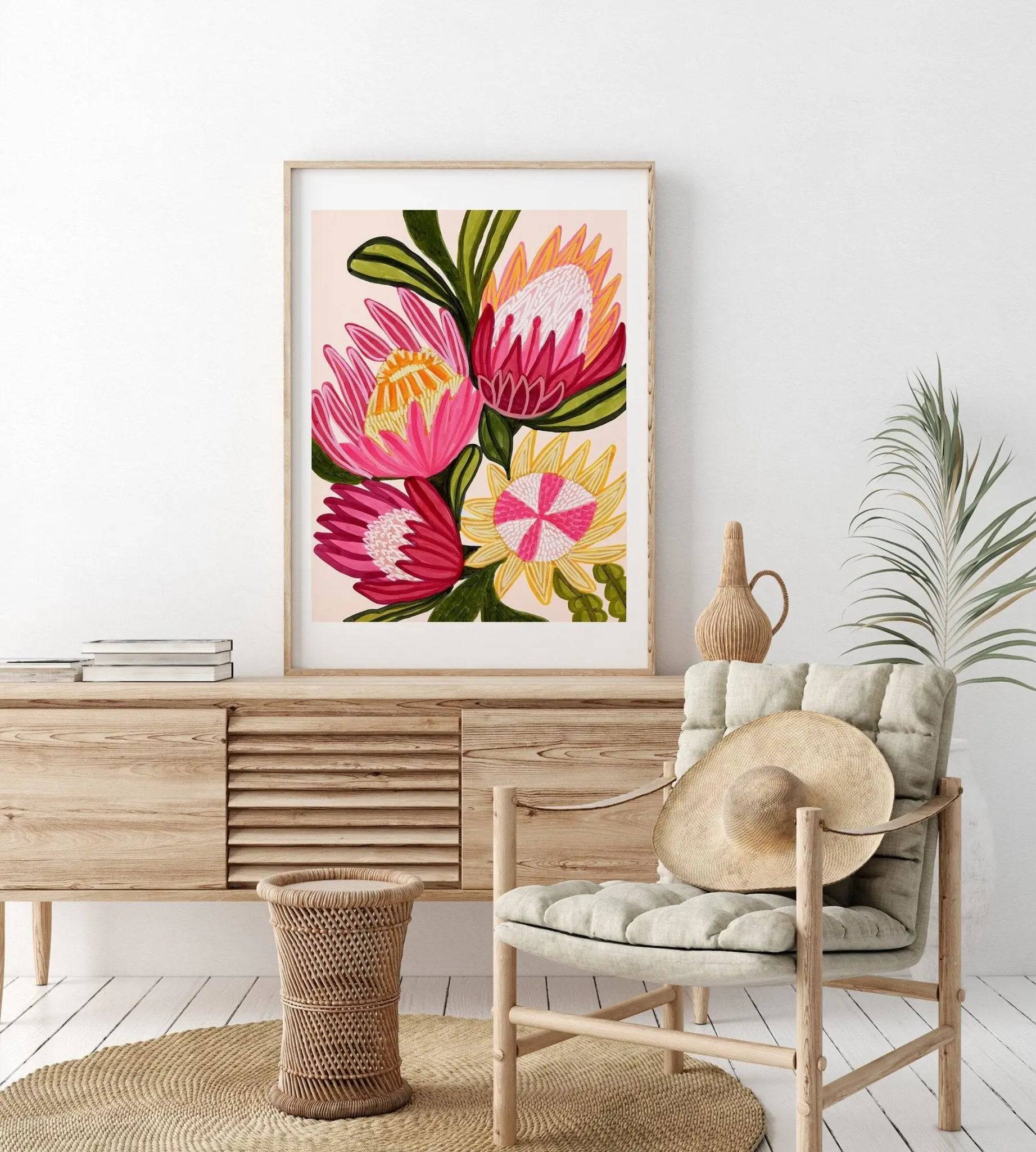 King Red Protea Flowers Wall Art Giclee Print - Premium Botanical Home Decor for Living Room, Bedroom & Office