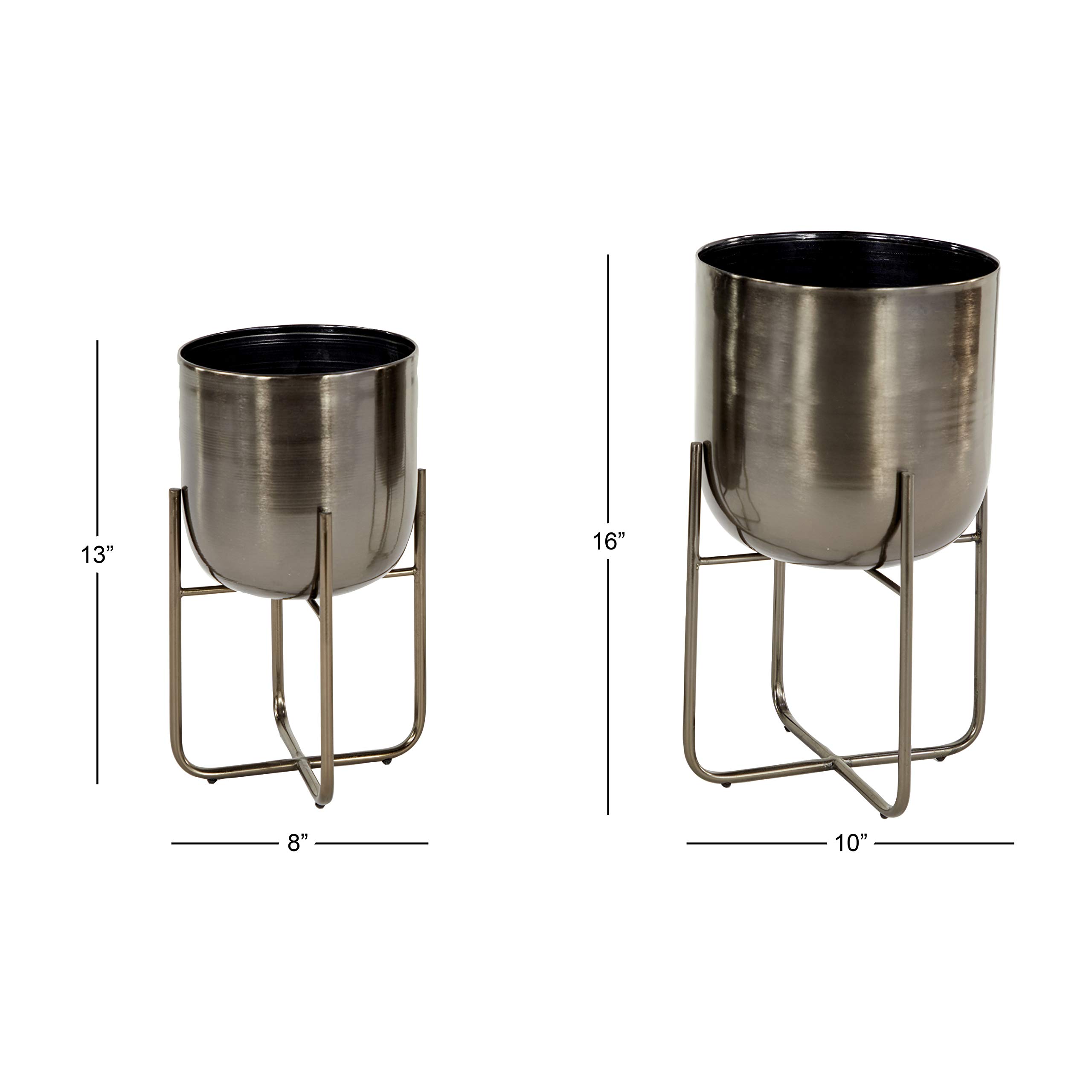 Deco 79 Metal Round Planter Set of 2 - 16 Inch Black Flower Pots with Removable Stand, 13 Inch Height - Modern Indoor Outdoor Garden Decor for Home, Patio, Balcony & Office Plants