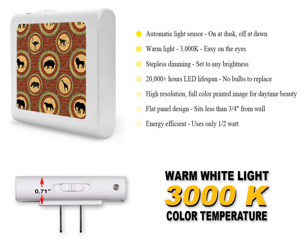 Dimmable LED Night Light with Auto On/Off Sensor - Adjustable Brightness, Warm White Light for Bathroom, Hallway, Nursery & Bedroom - African Animal Circle Design - Perfect for Nighttime Safety & Comfort