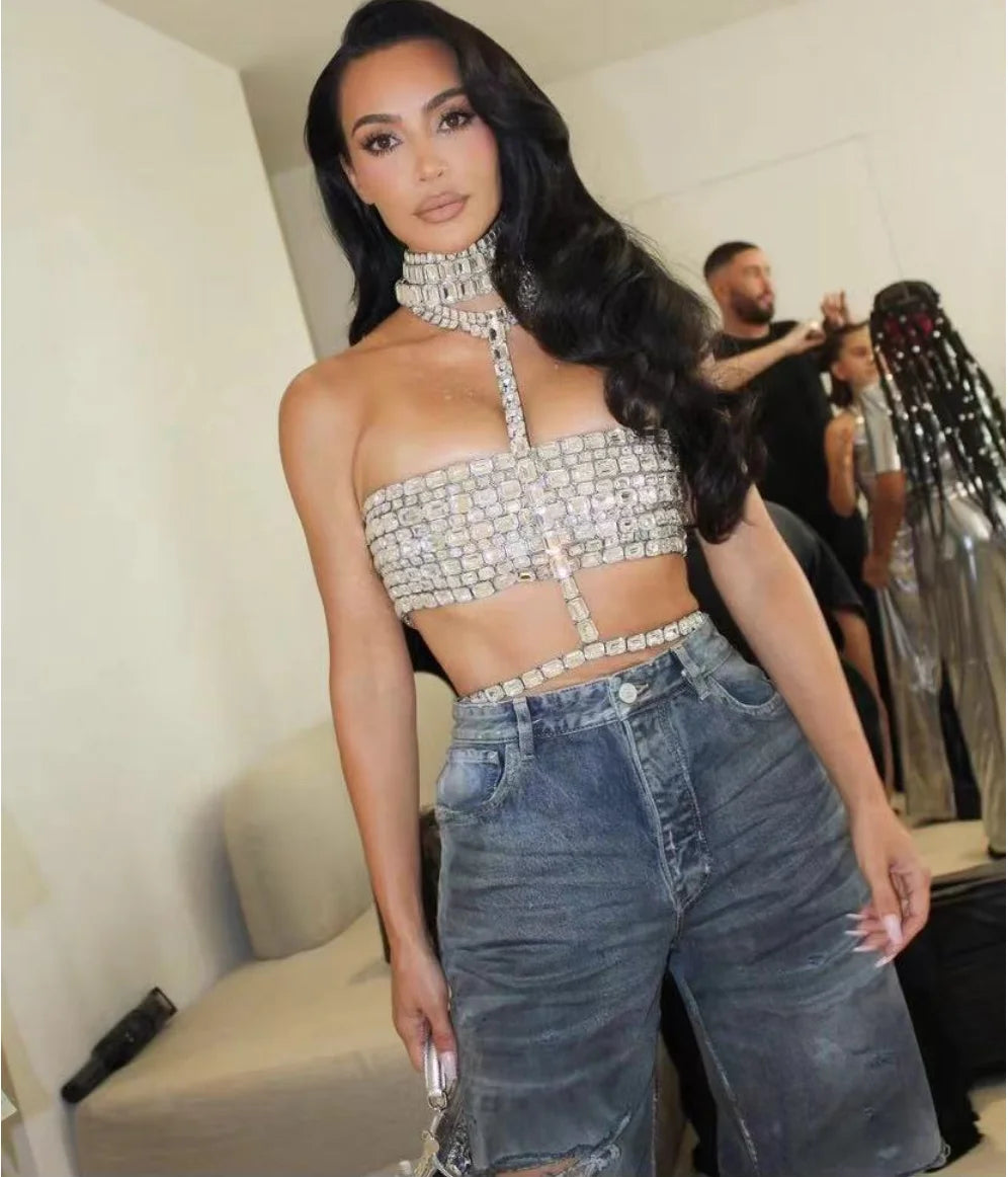 Celebrity-Inspired Red Carpet Halter Top for Women - Sparkling Crystal Party Tank Top for Nightclub, TV Shows & Special Events | High-Quality Sexy Evening Wear for Glamorous Occasions