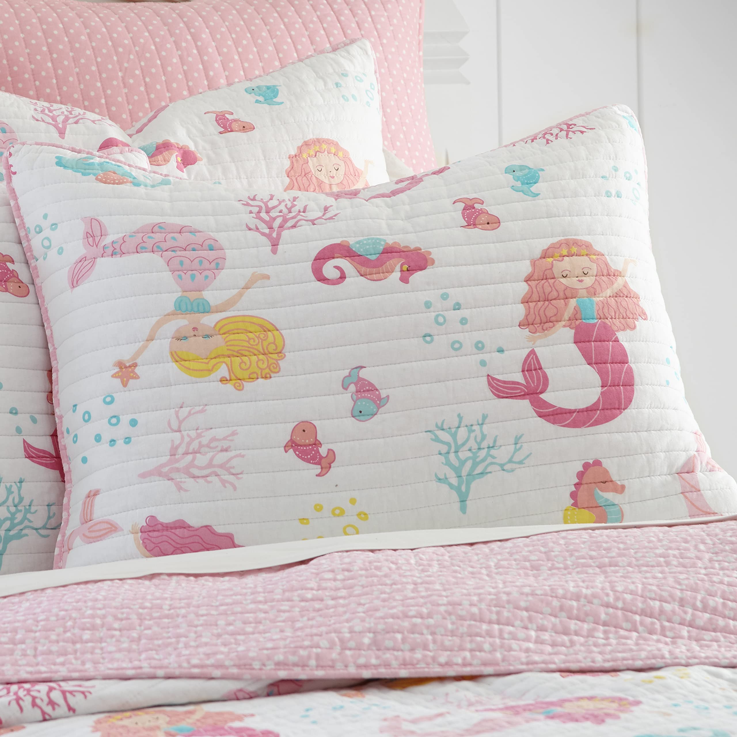 Levtex Home Marina Full/Queen Cotton Quilt Set - Soft Pink & White Mermaid Design | Coastal Bedroom Decor, Beach House Bedding, Girls' Room Essentials