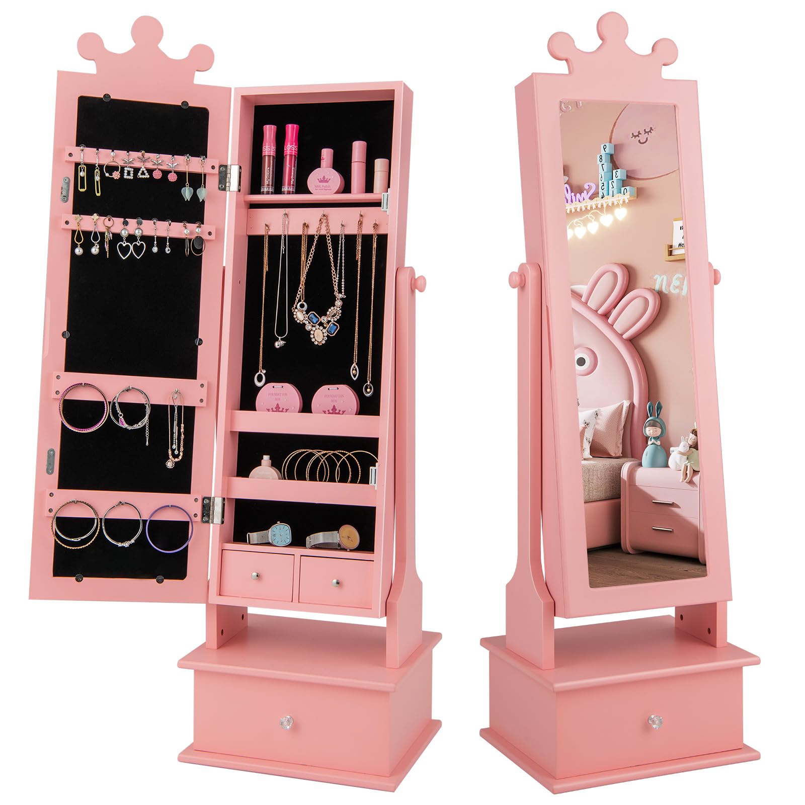 HONEY JOY Kids Jewelry Armoire Cabinet - Pink Wooden Standing Jewelry Organizer with Full-Length Mirror & Storage Drawers | 2-Angle Tilting Design for Little Girls | Perfect for Bedroom, Playroom & Dress-Up Play | Children's Jewelry Storage & Dress-Up Cabinet