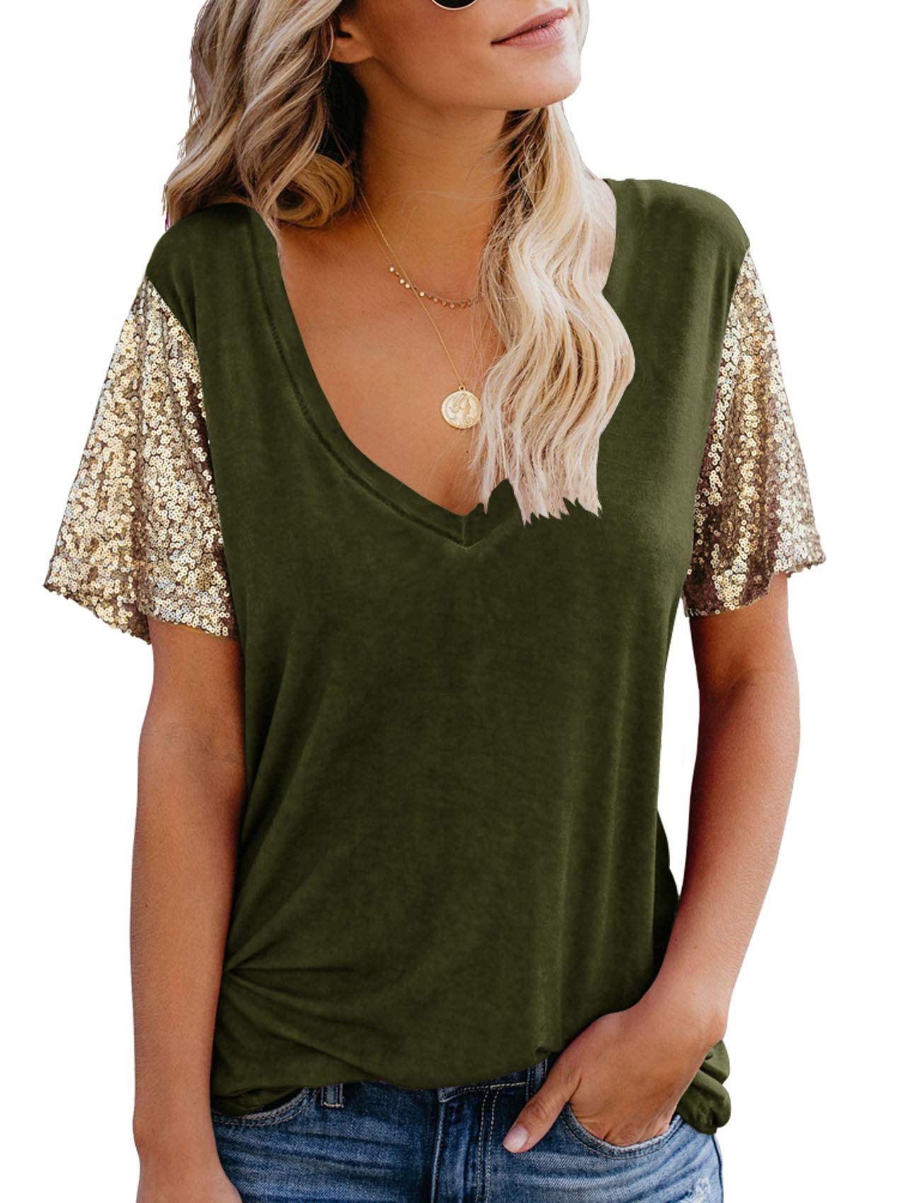 Topstype Women's Sequin Short Sleeve V-Neck T-Shirt - Glitter Sparkle Loose Blouse for Party, Club & Casual Wear