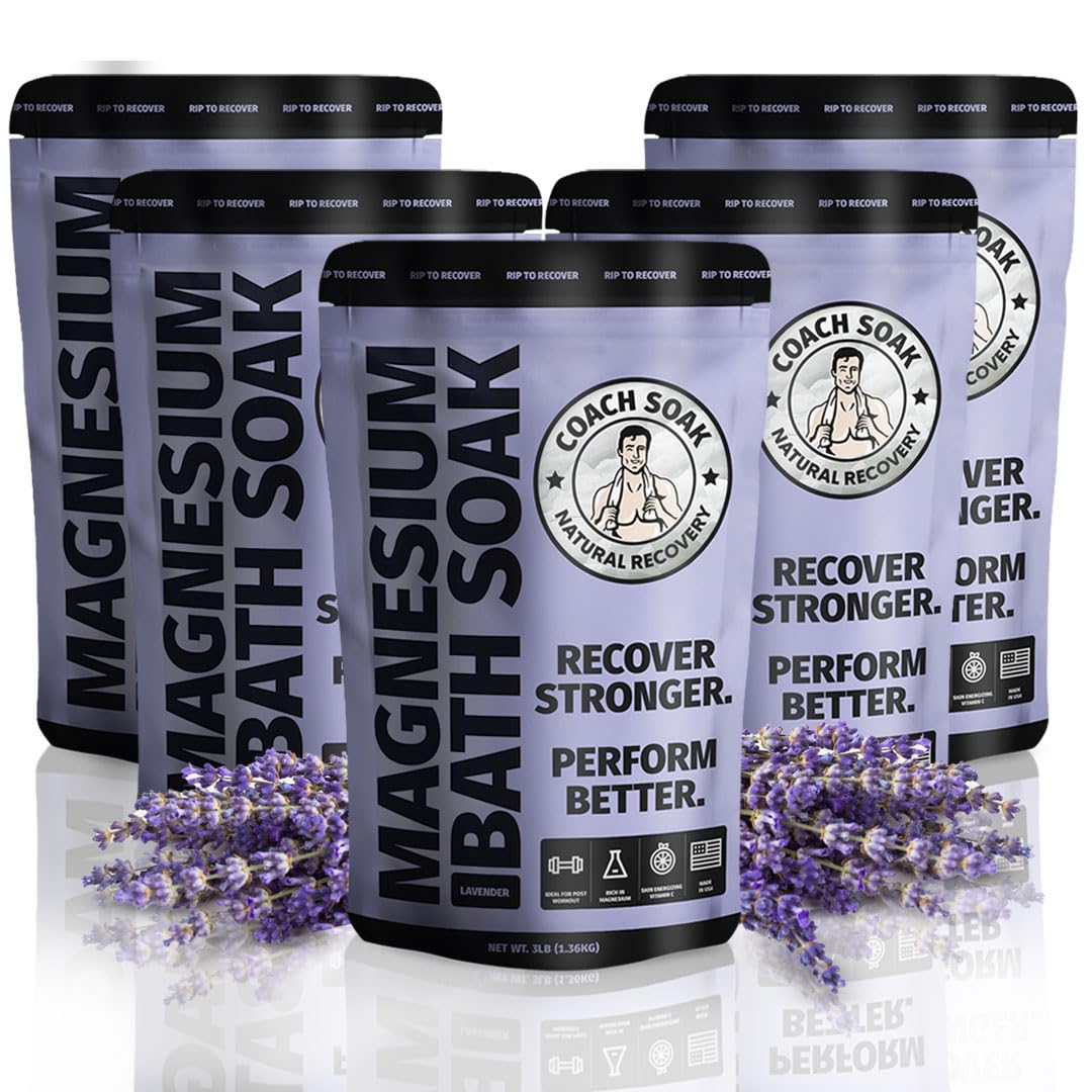5 Pack Coach Soak Recovery Bath Soak - 15 Pounds Bulk Epsom Salt for Muscle Relaxation & Stress Relief - Lavender Scented Bath Salts for Spa, Post-Workout & Self-Care