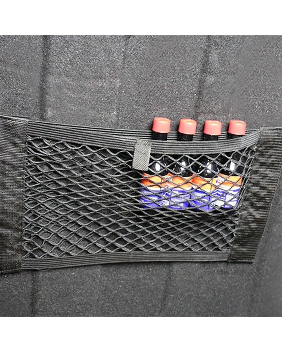 Car Cargo Net Organizer - Heavy Duty Elastic Trunk Storage Net with Magic Adhesive for Rear Seats & Vehicle Storage - Perfect for Road Trips, Grocery Hauling, and SUV Organization
