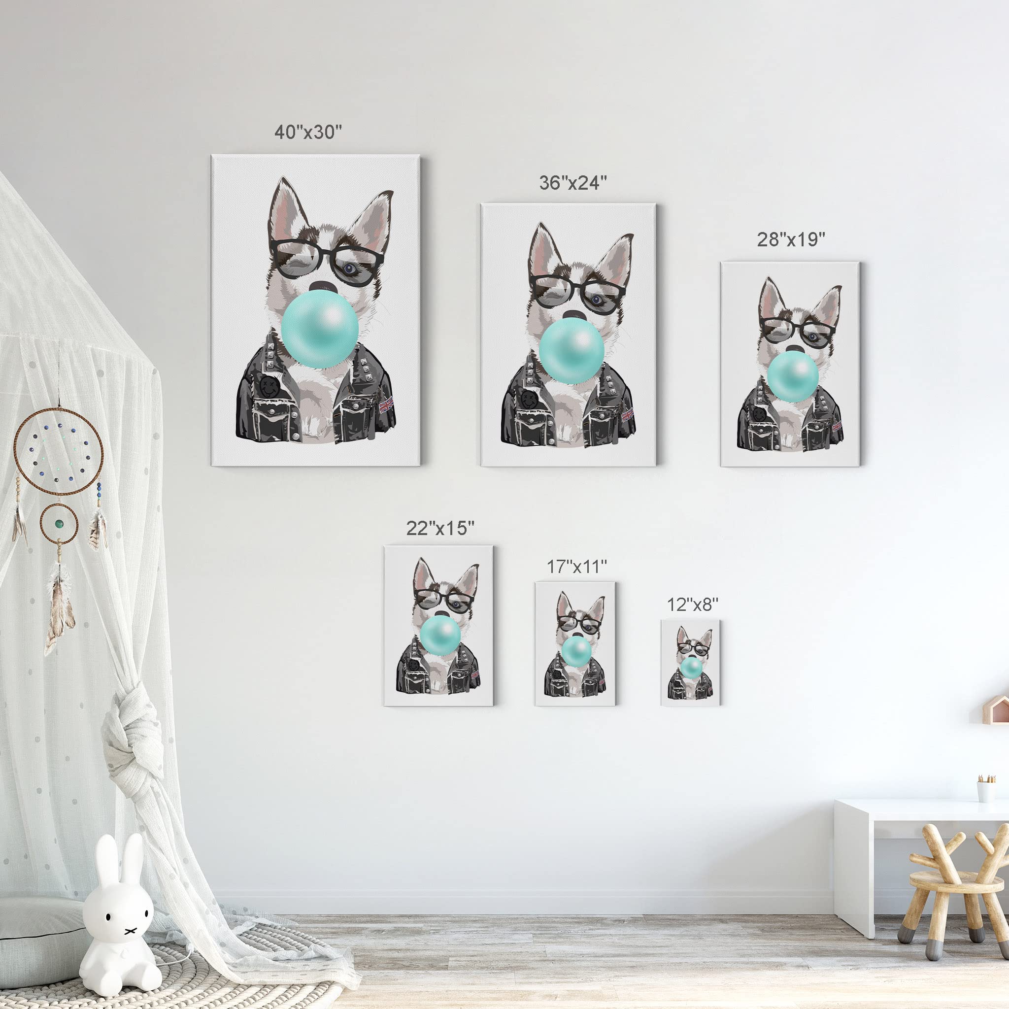 Husky Dog and Cat Chewing Bubble Gum Canvas Wall Art Set - 2 Piece Animal Pop Art Prints for Living Room, Bedroom, Nursery Decor (22x15 Inches) - Perfect for Pet Lovers and Modern Home Decor