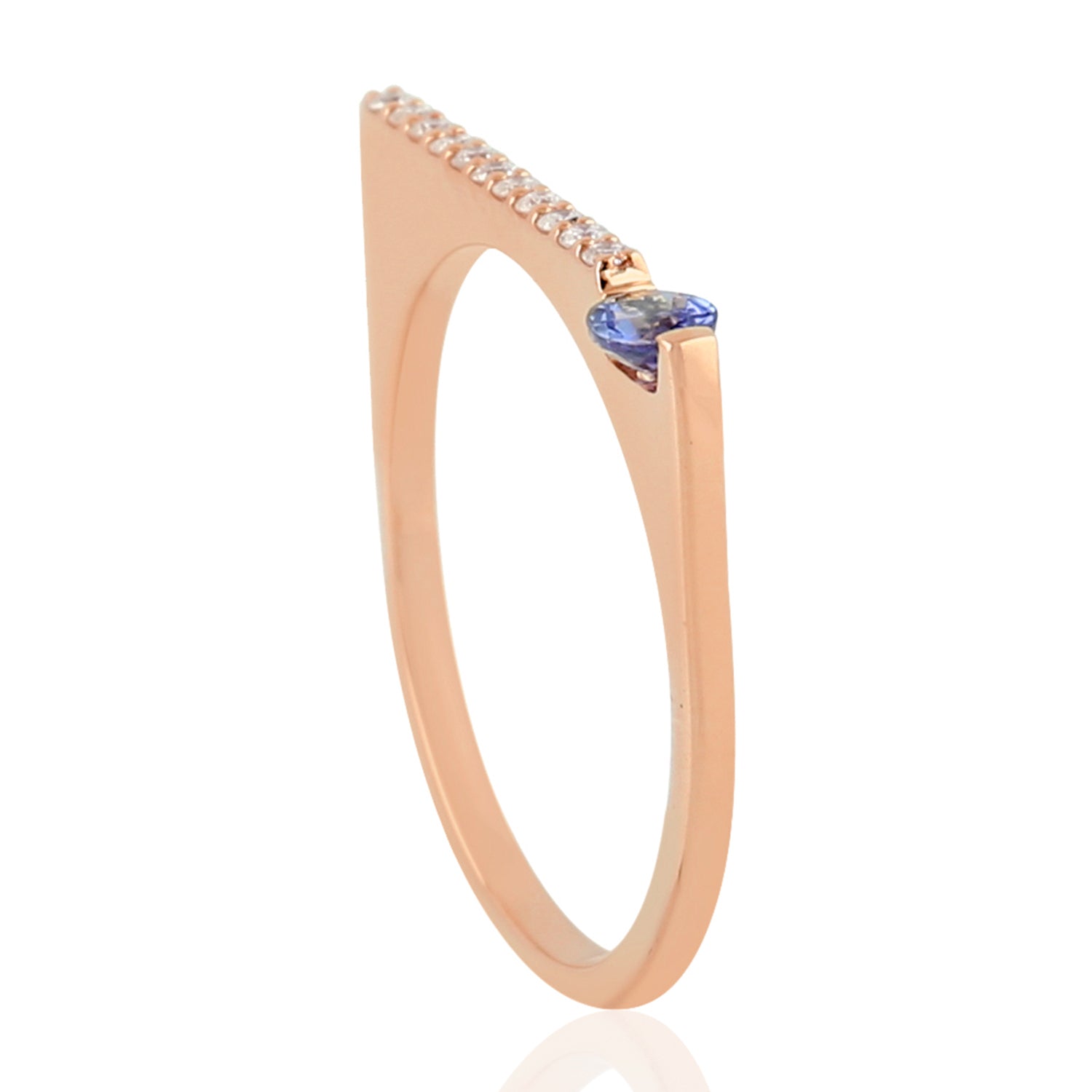 10K Rose Gold Round Cut Tanzanite Pave Diamond Stackable Band Ring for Women - Wedding, Engagement, Anniversary Gift - Dainty Everyday Jewelry for Stacking & Layering