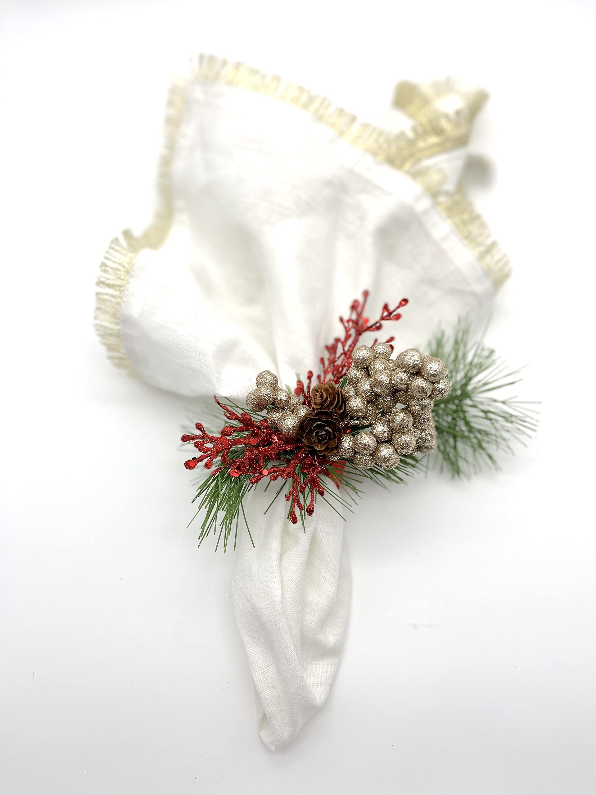 Elegant Pine Cone & Red Branch Napkin Rings Set of 6 - Rustic Christmas Holiday Table Decor for Dining, Parties & Festive Home Decoration