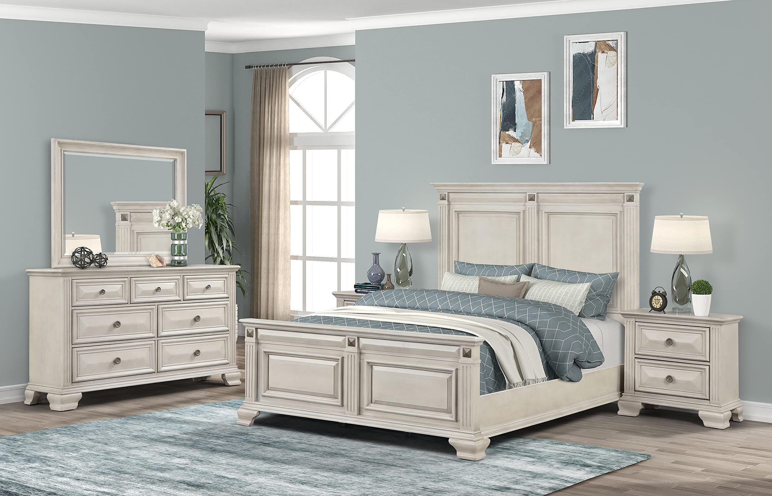 Roundhill Furniture Renova Wood Queen Bedroom Set - Distressed Parchment Panel Bed with Dresser, Mirror & 2 Nightstands | Complete Bedroom Furniture for Master Bedroom, Guest Room & Apartment