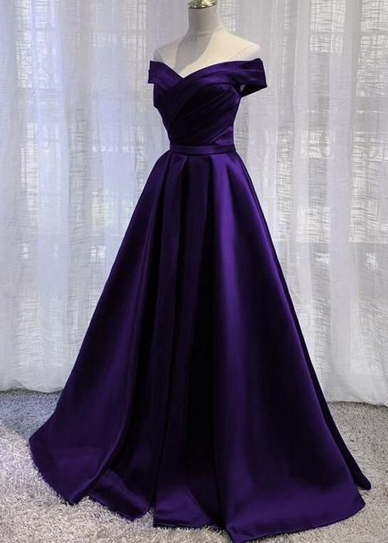 Elegant Off Shoulder Satin Dark Purple Long Formal Evening Gown 2149 - Perfect for Prom, Wedding Guest & Black Tie Events