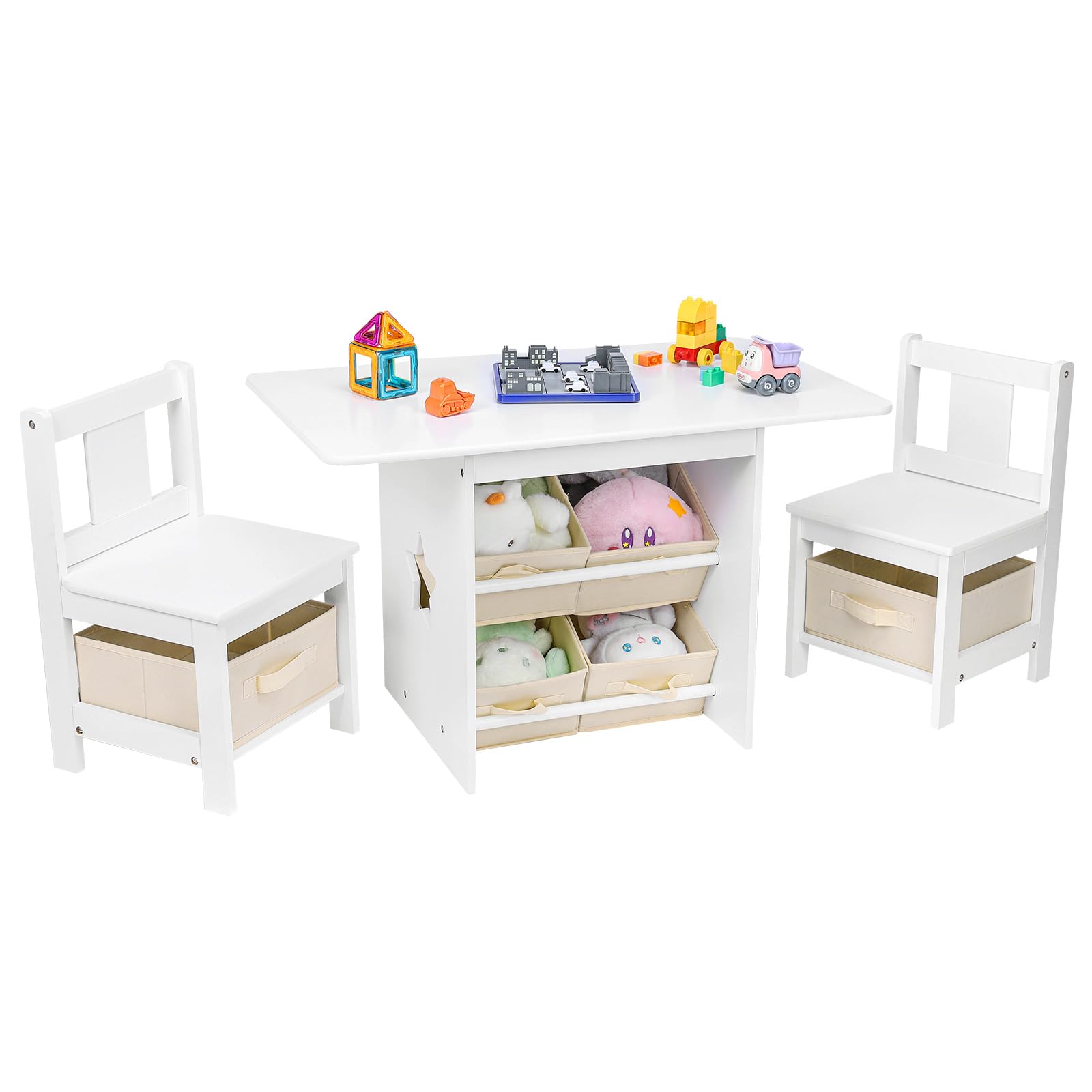 Wooden Kids Table and Chair Set with 6 Storage Bins - Toddler Furniture Set (2 Chairs Included) - Water Resistant & Easy to Clean - Perfect Gift for Boys & Girls - White - Ideal for Playroom, Classroom, or Home Learning Activities