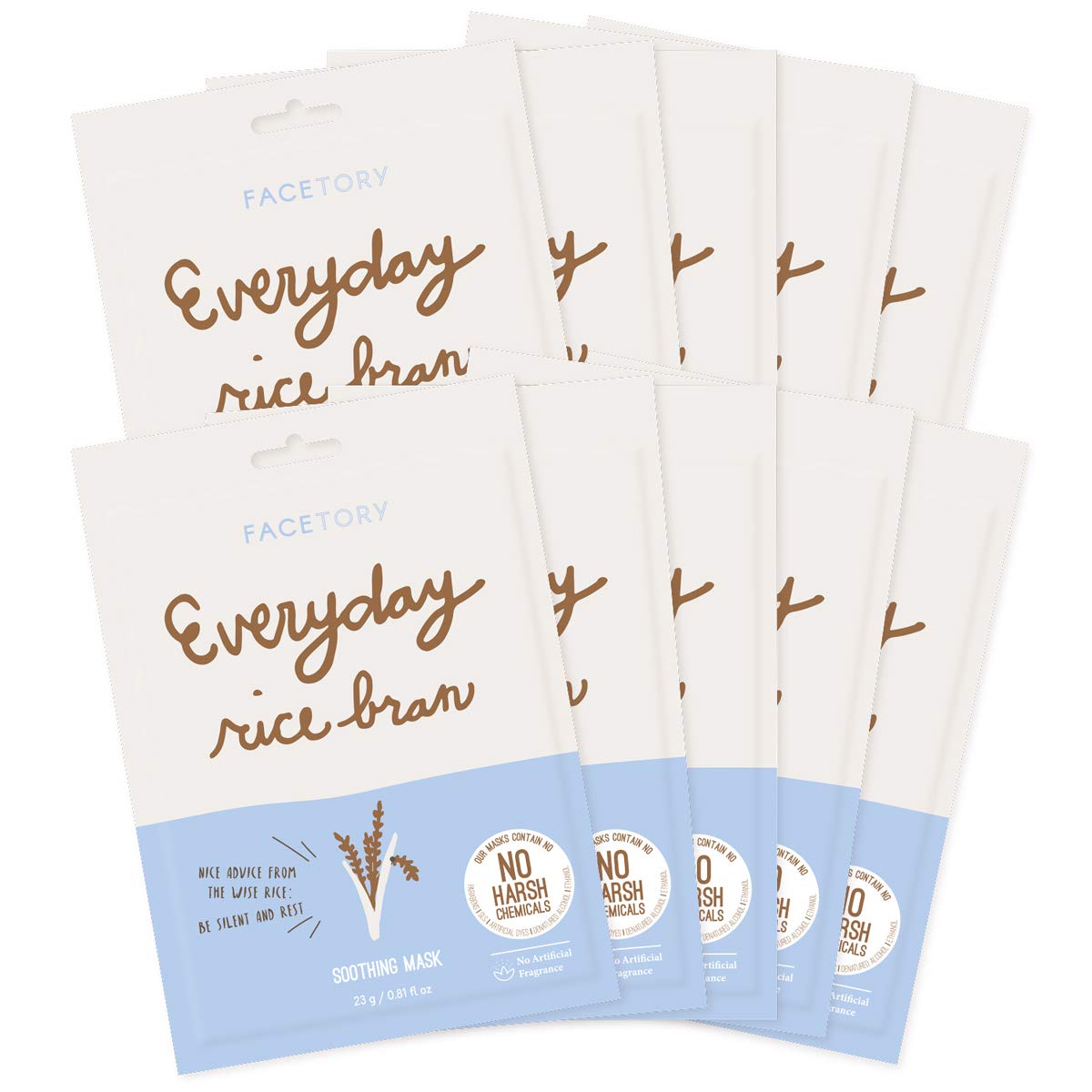 FACETORY Korean Beauty Rice Bran Soothing Sheet Mask - 10 Pack | Plant-Based, Hydrating & Calming Facial Mask for Daily Skincare Routine - Perfect for Dry, Sensitive Skin & Post-Sun Care