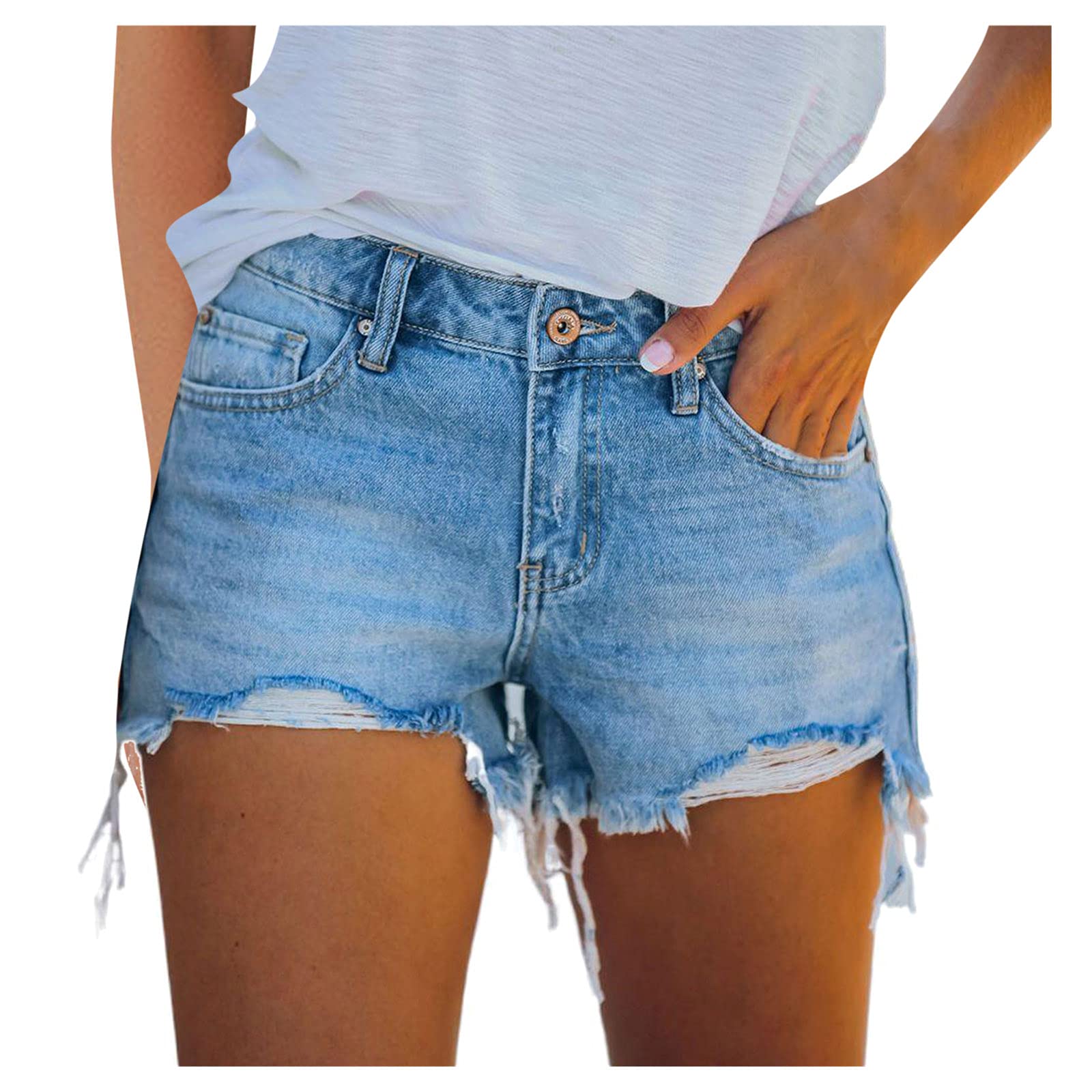 Women's Distressed Denim Shorts - Retro Mid Rise Jean Shorts with Pockets & Tassel Hem | Casual Summer Outfit, Beach Wear, Street Style Fashion